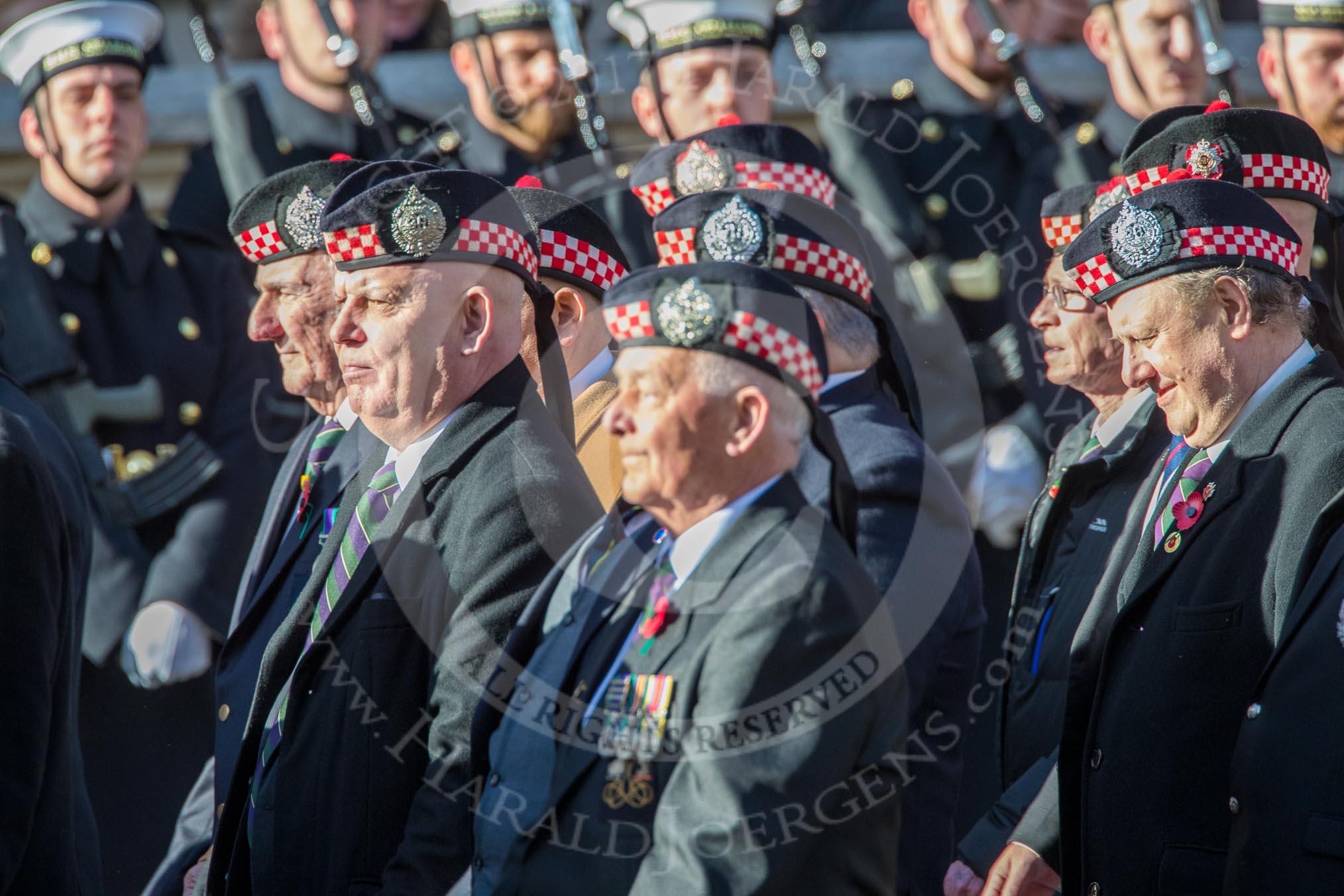 The Regimental Association of the Argyll and Sutherland High (Group A13, 50 members) during the Royal British Legion March Past on Remembrance Sunday at the Cenotaph, Whitehall, Westminster, London, 11 November 2018, 11:58.