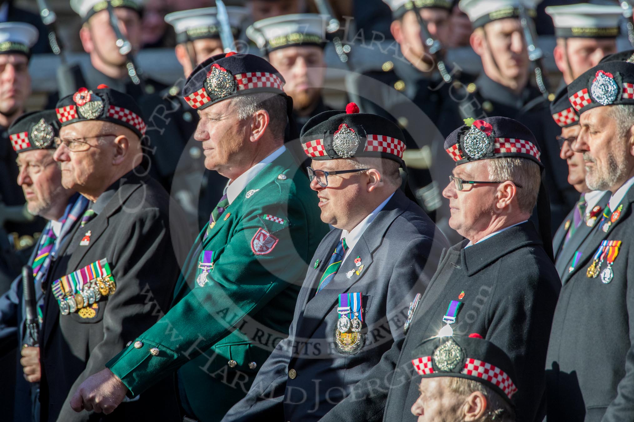 The Regimental Association of the Argyll and Sutherland High (Group A13, 50 members) during the Royal British Legion March Past on Remembrance Sunday at the Cenotaph, Whitehall, Westminster, London, 11 November 2018, 11:58.