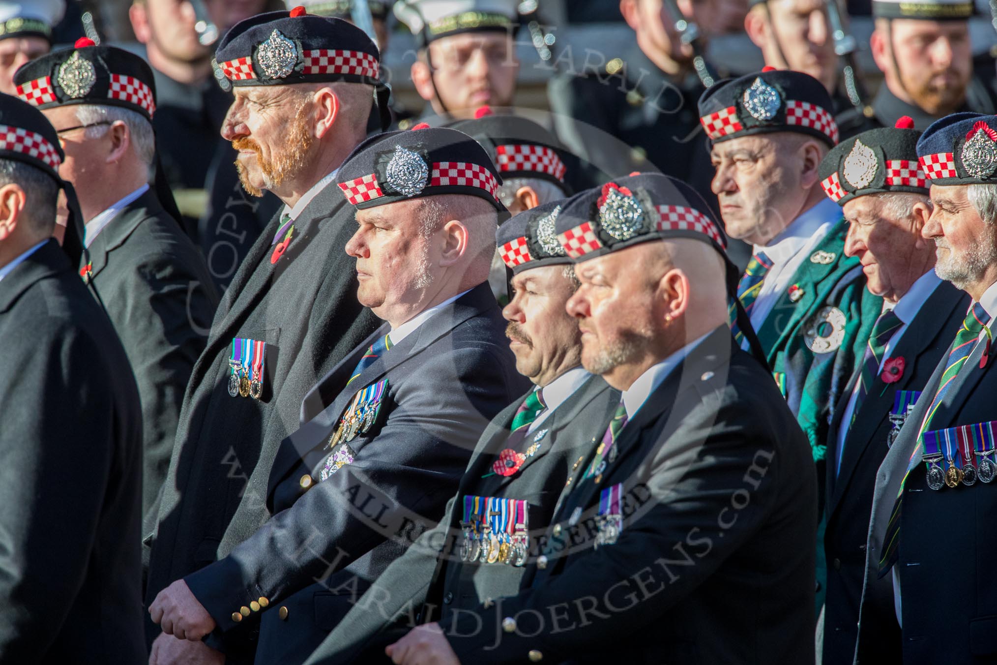 The Regimental Association of the Argyll and Sutherland High (Group A13, 50 members) during the Royal British Legion March Past on Remembrance Sunday at the Cenotaph, Whitehall, Westminster, London, 11 November 2018, 11:58.