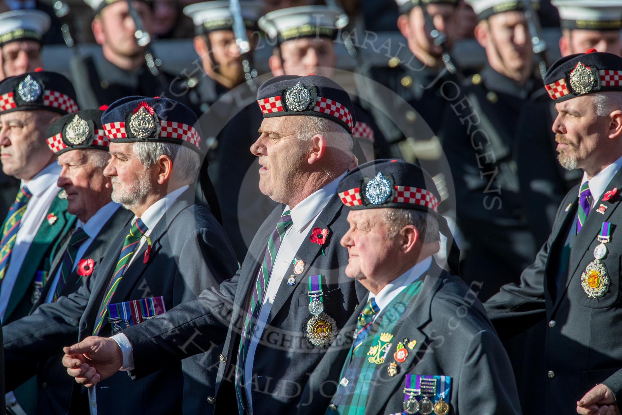 The Regimental Association of the Argyll and Sutherland High (Group A13, 50 members) during the Royal British Legion March Past on Remembrance Sunday at the Cenotaph, Whitehall, Westminster, London, 11 November 2018, 11:58.
