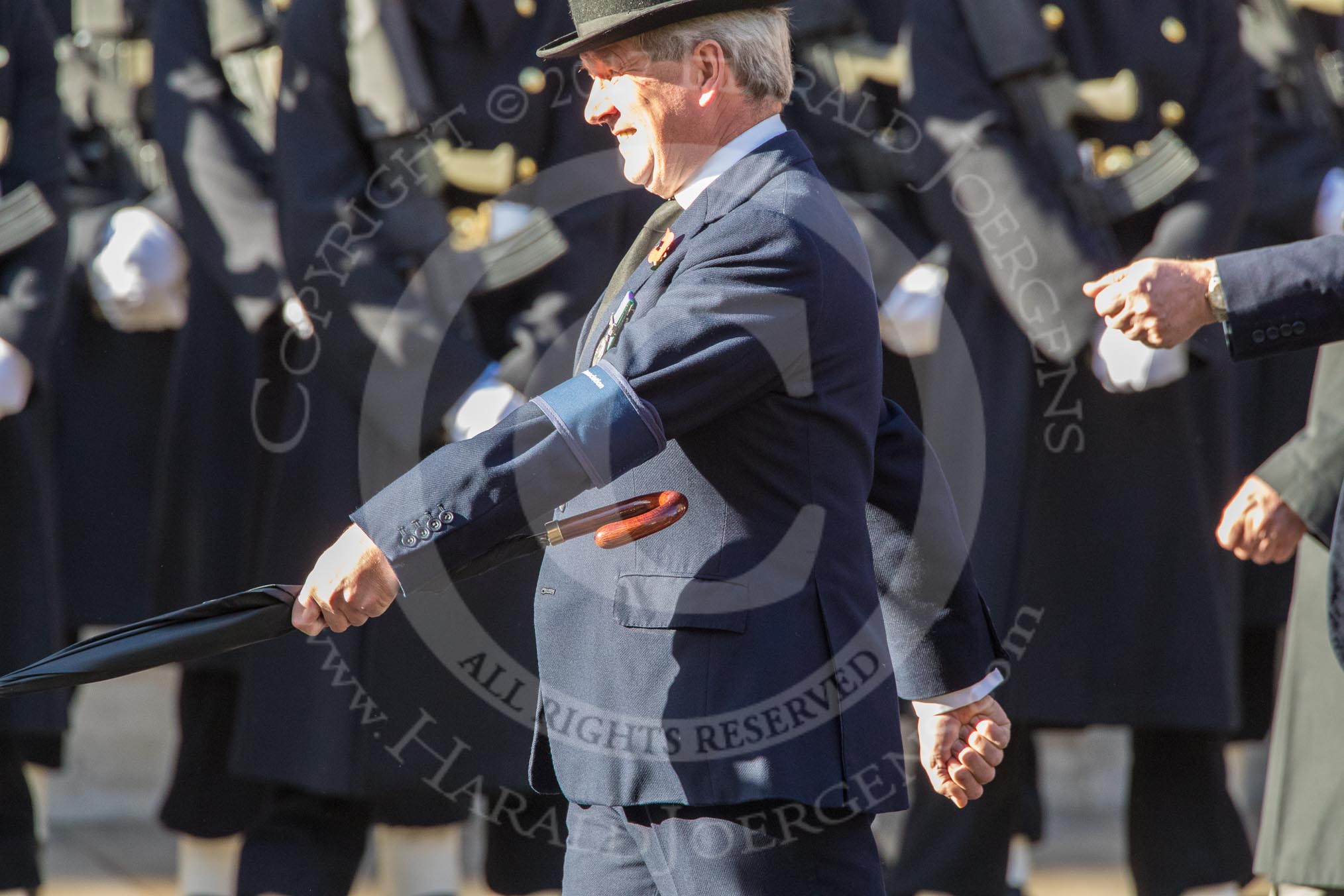 Coldstream Guards Association (Group A18, 30 members) during the Royal British Legion March Past on Remembrance Sunday at the Cenotaph, Whitehall, Westminster, London, 11 November 2018, 11:58.