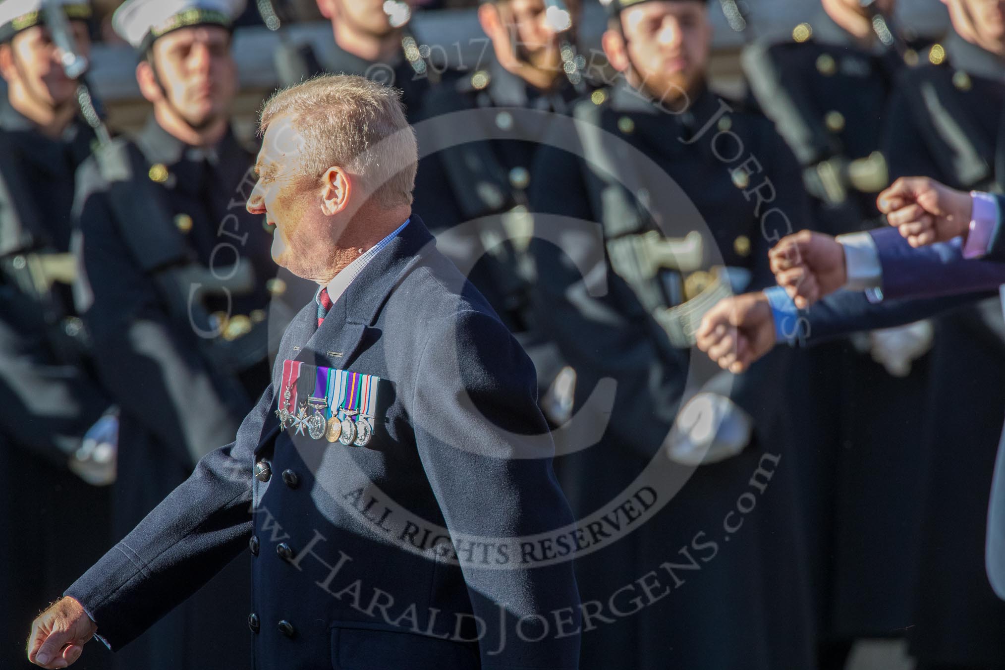 Coldstream Guards Association (Group A18, 30 members) during the Royal British Legion March Past on Remembrance Sunday at the Cenotaph, Whitehall, Westminster, London, 11 November 2018, 11:59
