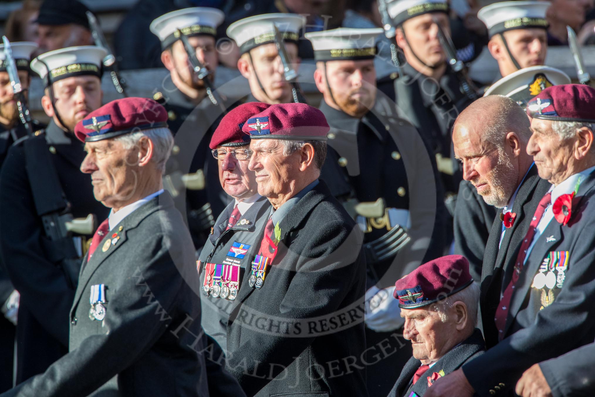 Guards Parachute Association (Group A20, 24 members) during the Royal British Legion March Past on Remembrance Sunday at the Cenotaph, Whitehall, Westminster, London, 11 November 2018, 11:59.
