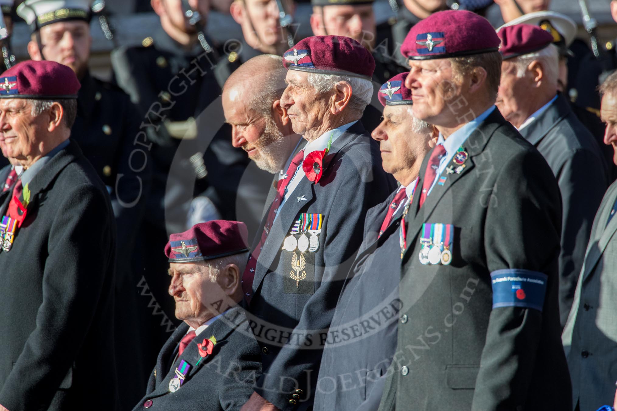 Guards Parachute Association (Group A20, 24 members) during the Royal British Legion March Past on Remembrance Sunday at the Cenotaph, Whitehall, Westminster, London, 11 November 2018, 11:59.