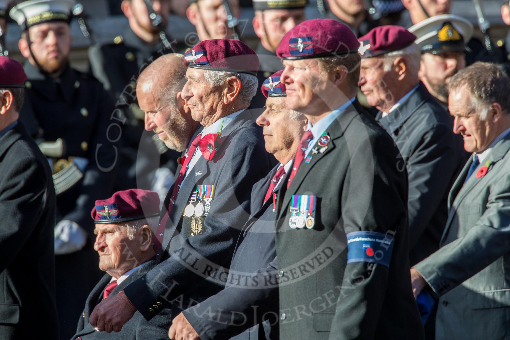 Guards Parachute Association (Group A20, 24 members) during the Royal British Legion March Past on Remembrance Sunday at the Cenotaph, Whitehall, Westminster, London, 11 November 2018, 11:59.