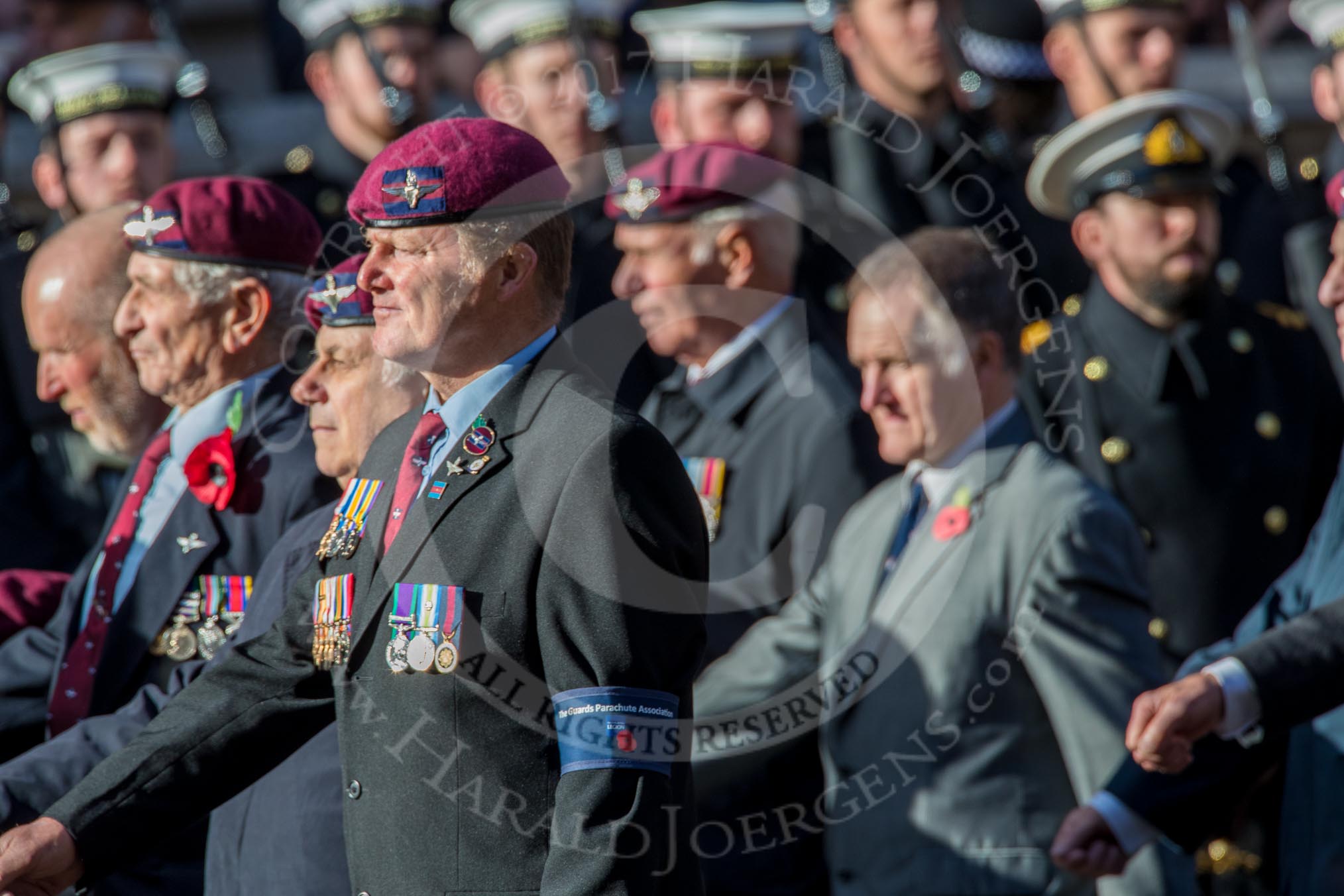 Guards Parachute Association (Group A20, 24 members) during the Royal British Legion March Past on Remembrance Sunday at the Cenotaph, Whitehall, Westminster, London, 11 November 2018, 11:59.