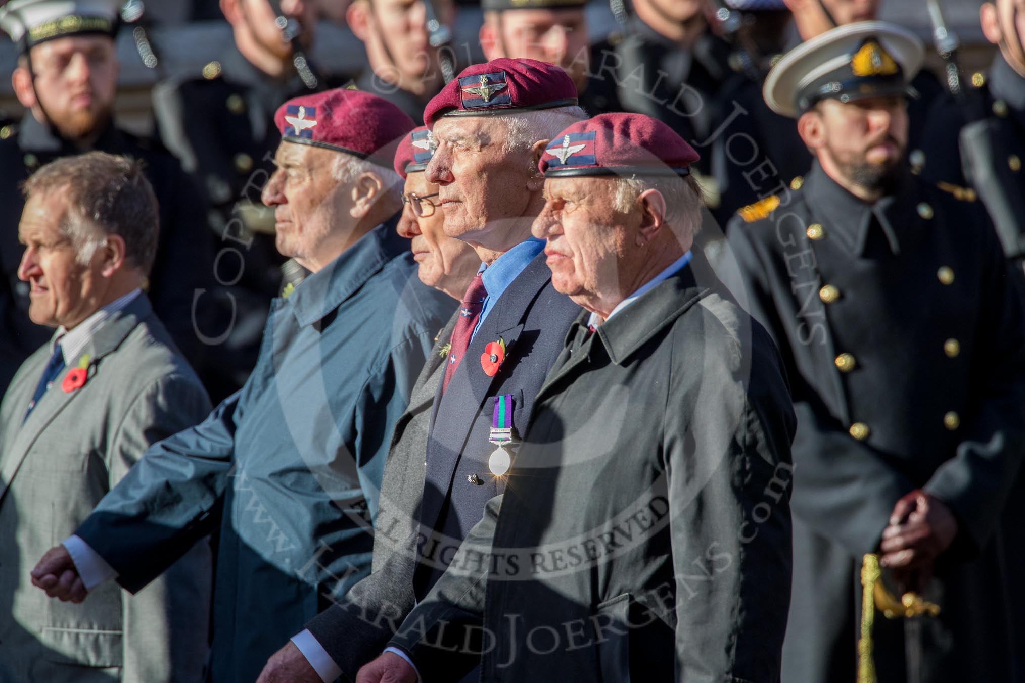 Guards Parachute Association (Group A20, 24 members) during the Royal British Legion March Past on Remembrance Sunday at the Cenotaph, Whitehall, Westminster, London, 11 November 2018, 11:59.