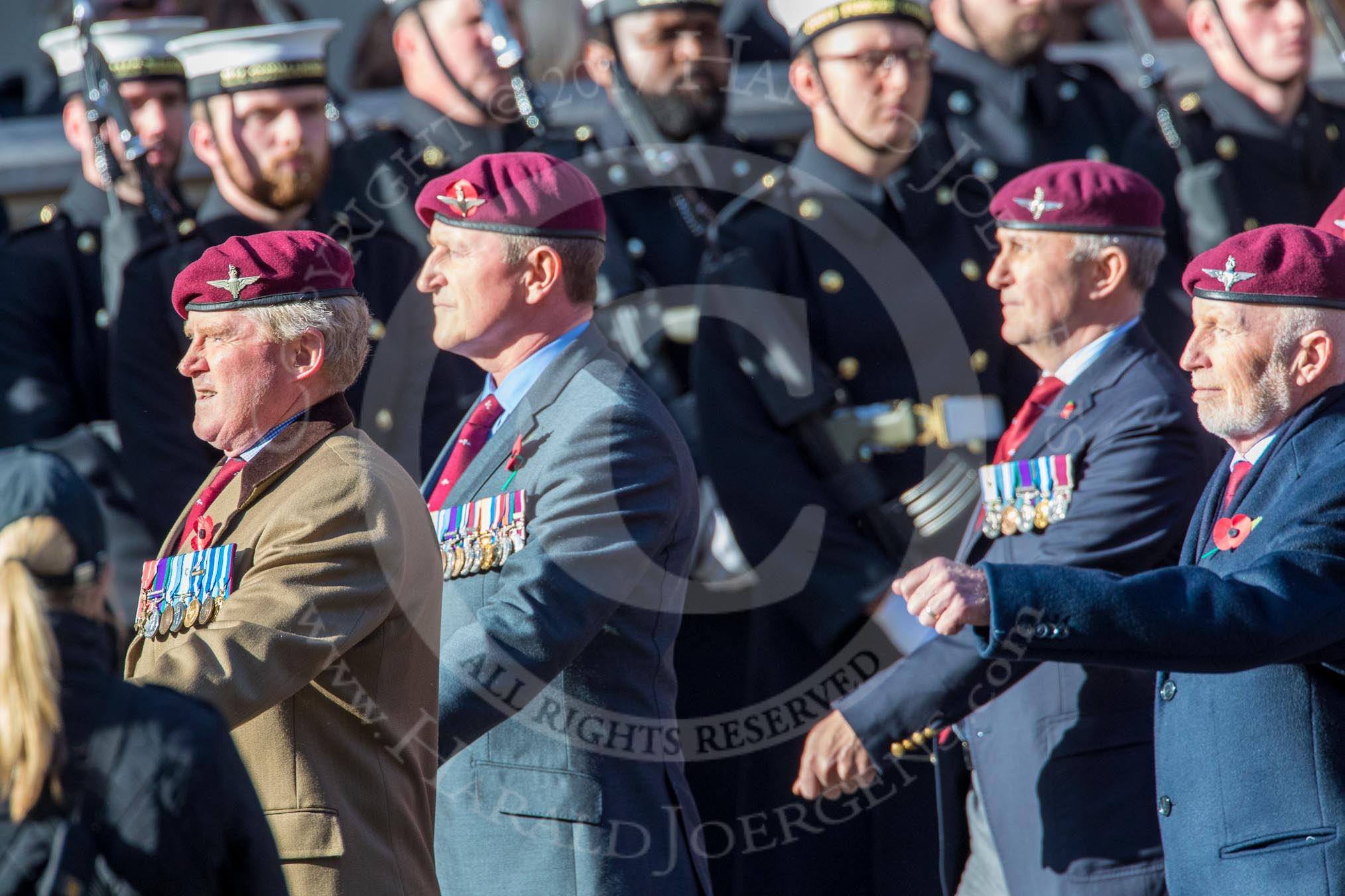 The Parachute Regimental Association (Group A21, 101 members) during the Royal British Legion March Past on Remembrance Sunday at the Cenotaph, Whitehall, Westminster, London, 11 November 2018, 11:59.