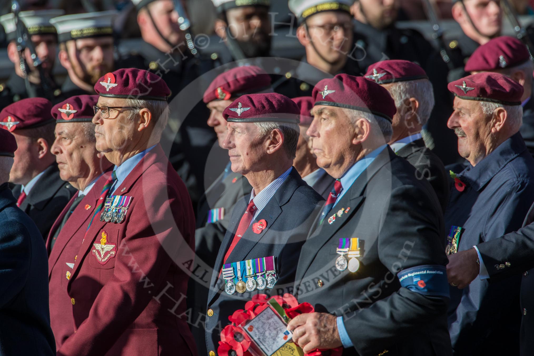 The Parachute Regimental Association (Group A21, 101 members) during the Royal British Legion March Past on Remembrance Sunday at the Cenotaph, Whitehall, Westminster, London, 11 November 2018, 11:59.