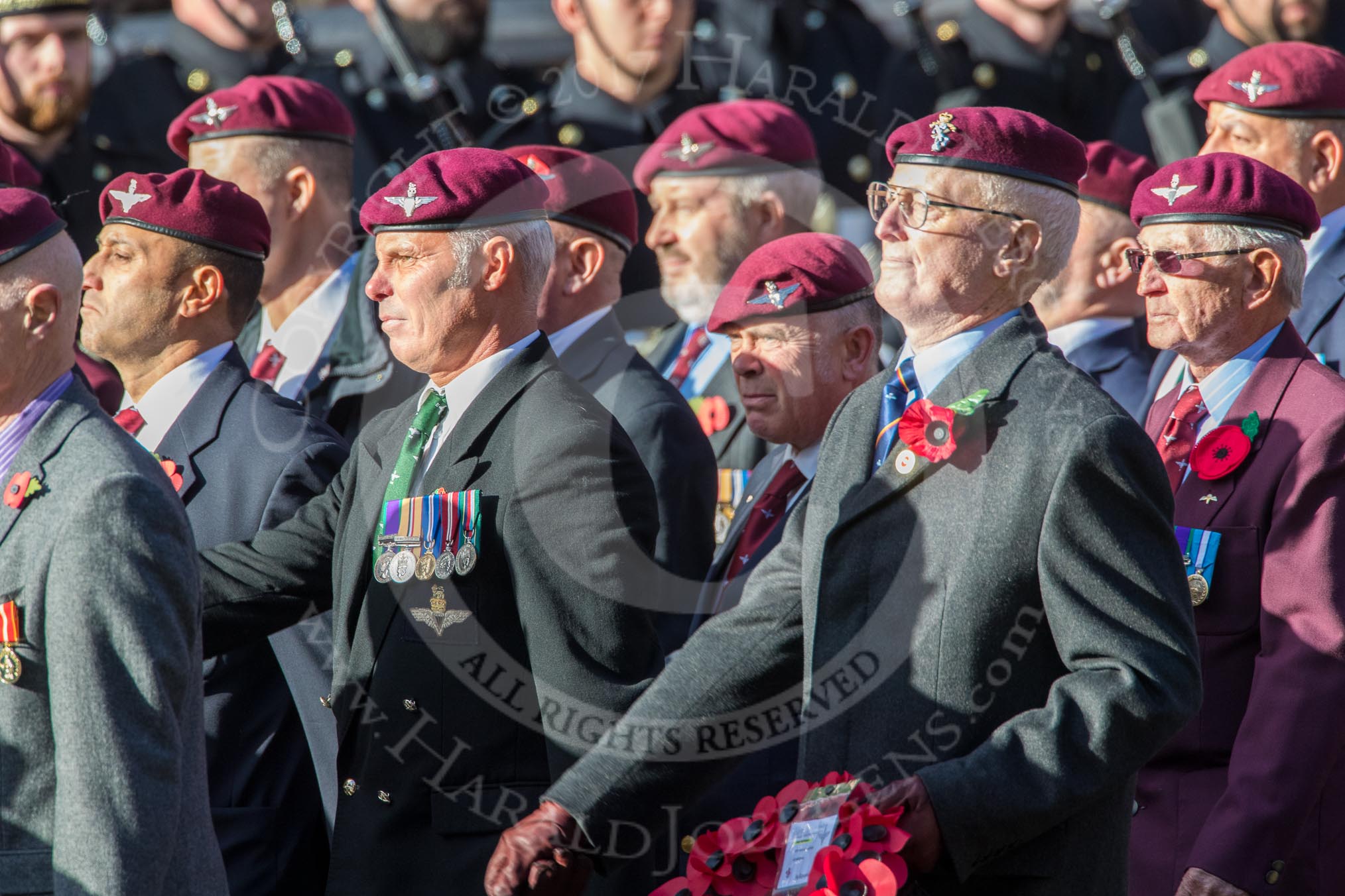 The Parachute Regimental Association (Group A21, 101 members) during the Royal British Legion March Past on Remembrance Sunday at the Cenotaph, Whitehall, Westminster, London, 11 November 2018, 11:59.