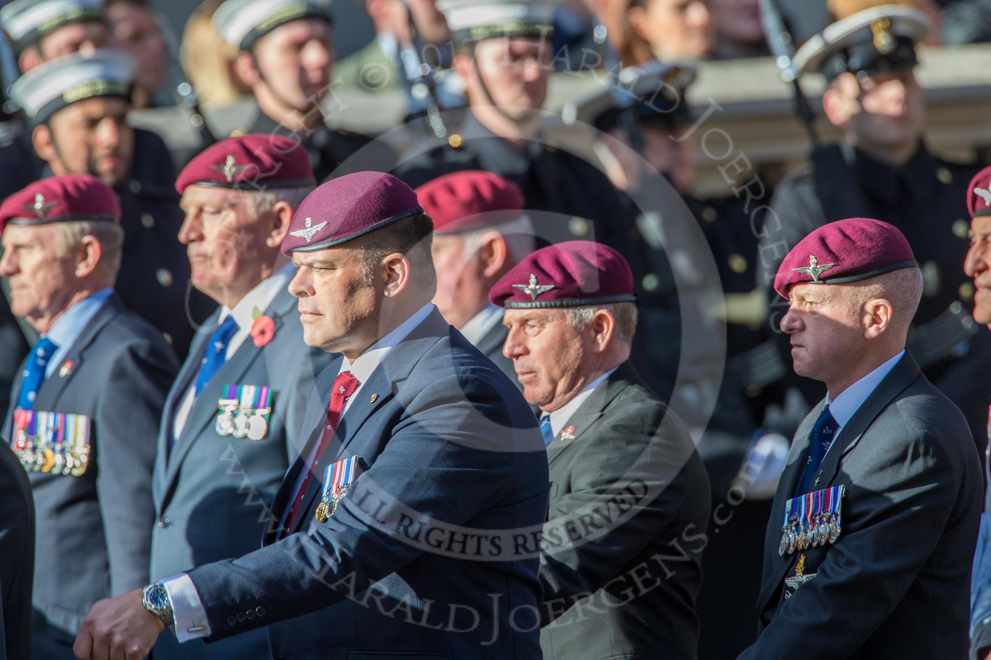 The Parachute Regimental Association (Group A21, 101 members) during the Royal British Legion March Past on Remembrance Sunday at the Cenotaph, Whitehall, Westminster, London, 11 November 2018, 11:59.