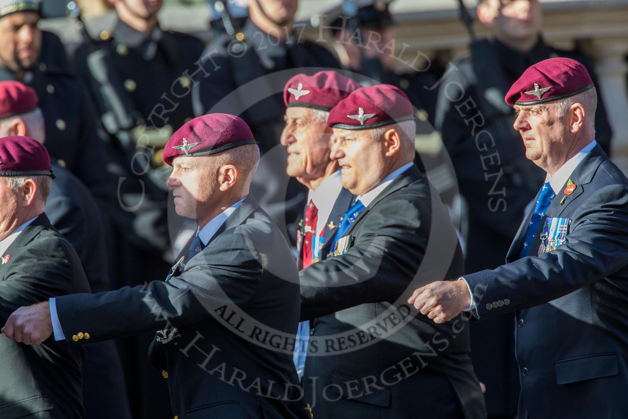 The Parachute Regimental Association (Group A21, 101 members) during the Royal British Legion March Past on Remembrance Sunday at the Cenotaph, Whitehall, Westminster, London, 11 November 2018, 11:59.