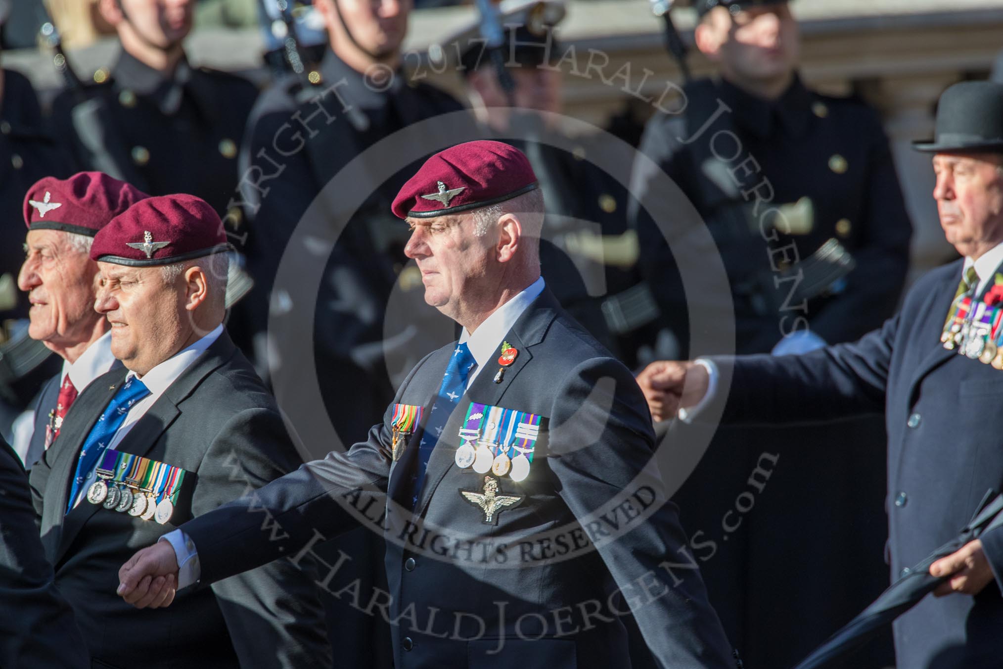 The Parachute Regimental Association (Group A21, 101 members) during the Royal British Legion March Past on Remembrance Sunday at the Cenotaph, Whitehall, Westminster, London, 11 November 2018, 11:59.