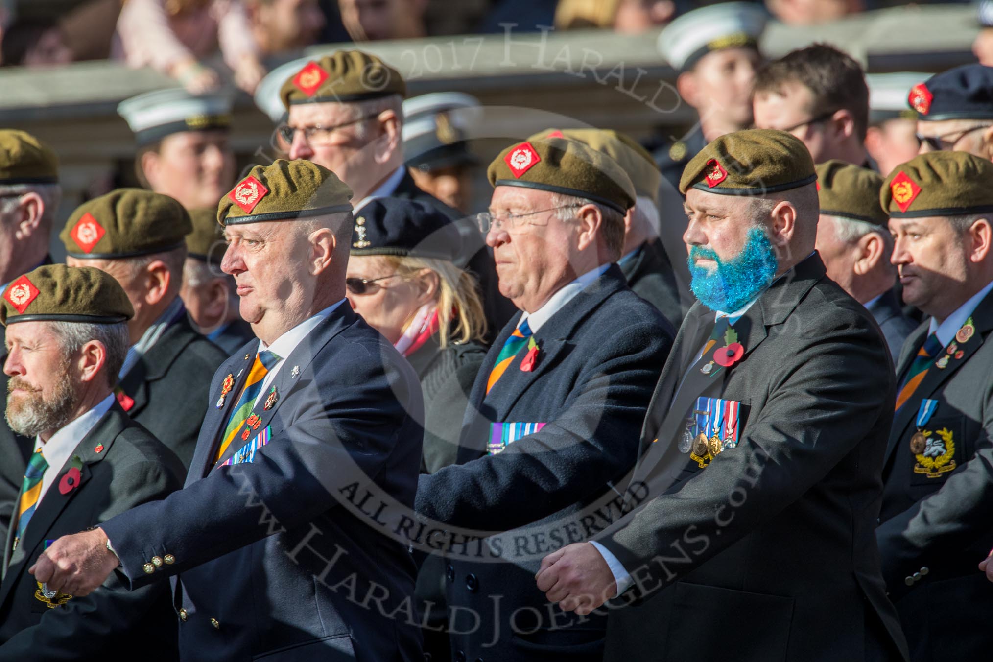 The King's Own Royal Border Regiment (Group A24, 80 members) during the Royal British Legion March Past on Remembrance Sunday at the Cenotaph, Whitehall, Westminster, London, 11 November 2018, 12:00.