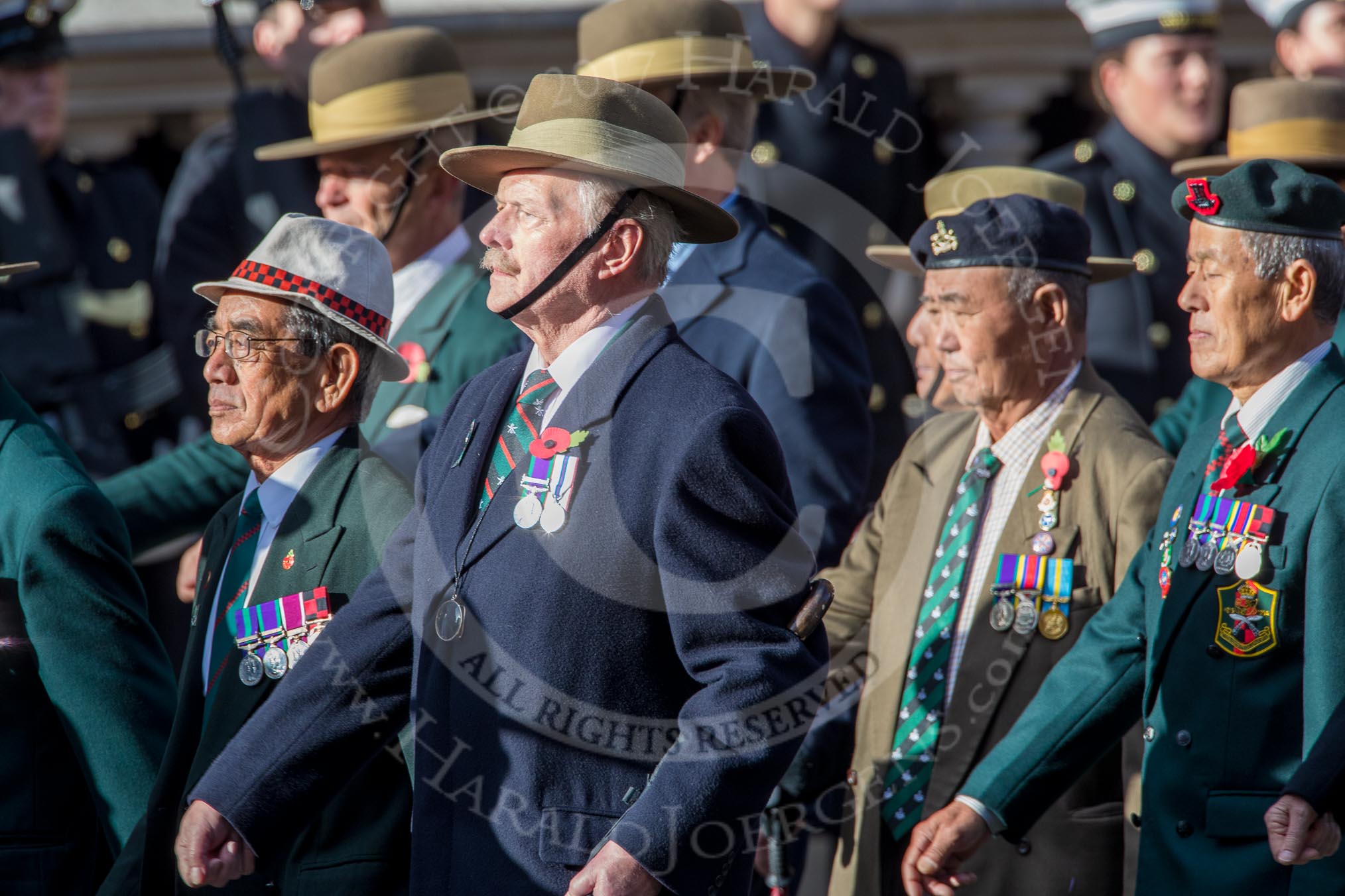 Gurkha Brigade Association (Group A25, 80 members) during the Royal British Legion March Past on Remembrance Sunday at the Cenotaph, Whitehall, Westminster, London, 11 November 2018, 12:00.