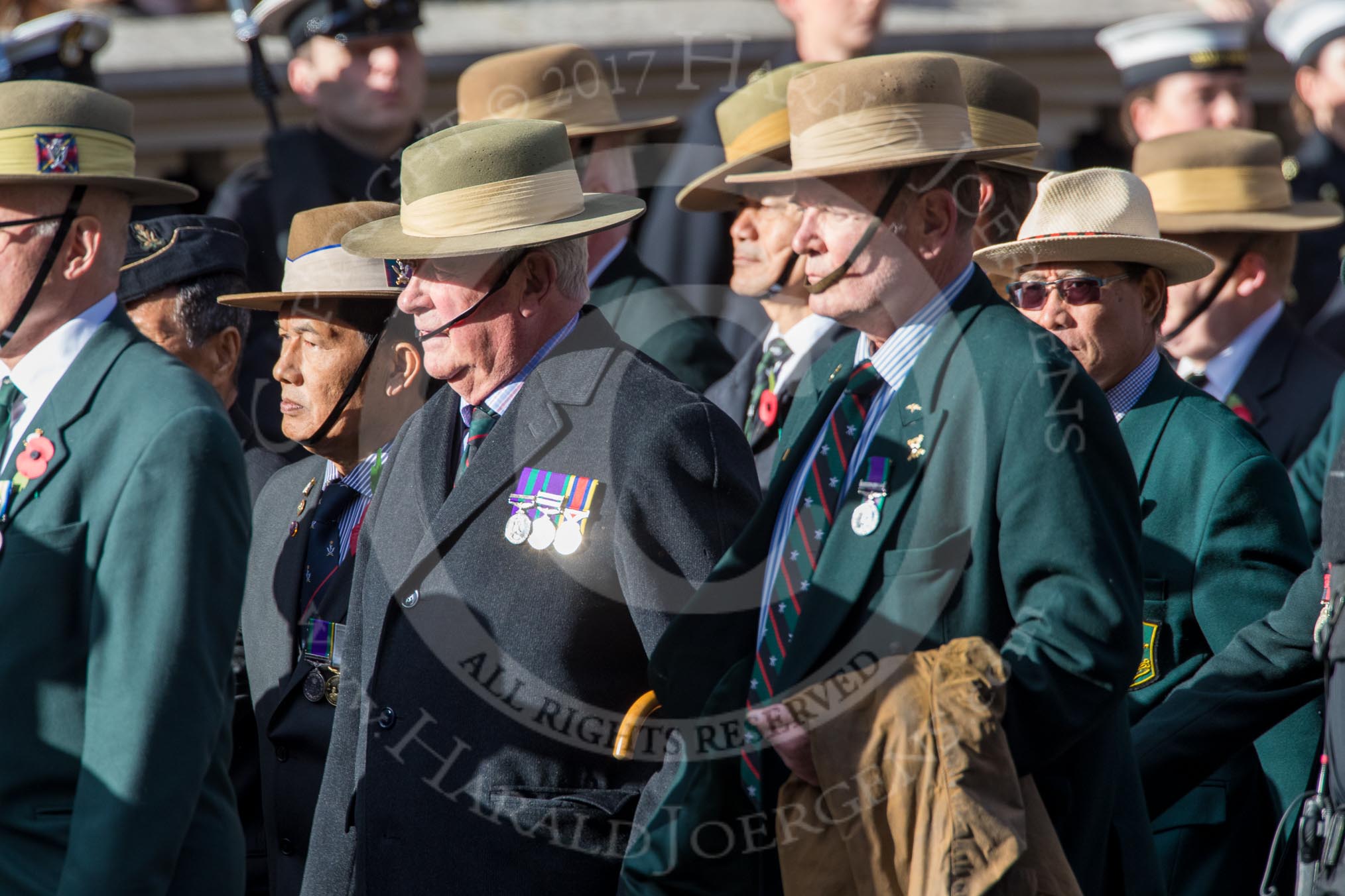 Gurkha Brigade Association (Group A25, 80 members) during the Royal British Legion March Past on Remembrance Sunday at the Cenotaph, Whitehall, Westminster, London, 11 November 2018, 12:00.
