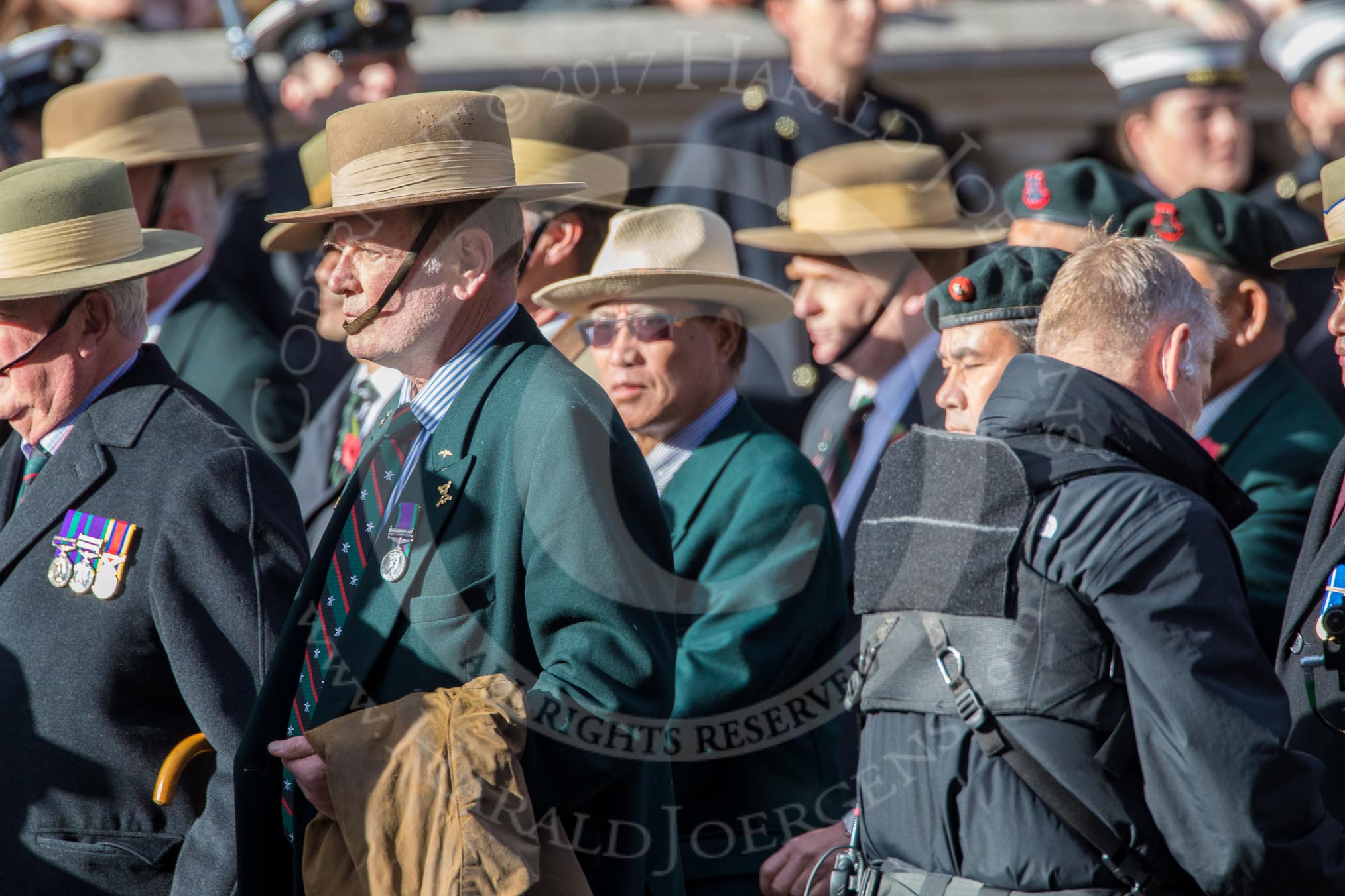 Gurkha Brigade Association (Group A25, 80 members) during the Royal British Legion March Past on Remembrance Sunday at the Cenotaph, Whitehall, Westminster, London, 11 November 2018, 12:00.