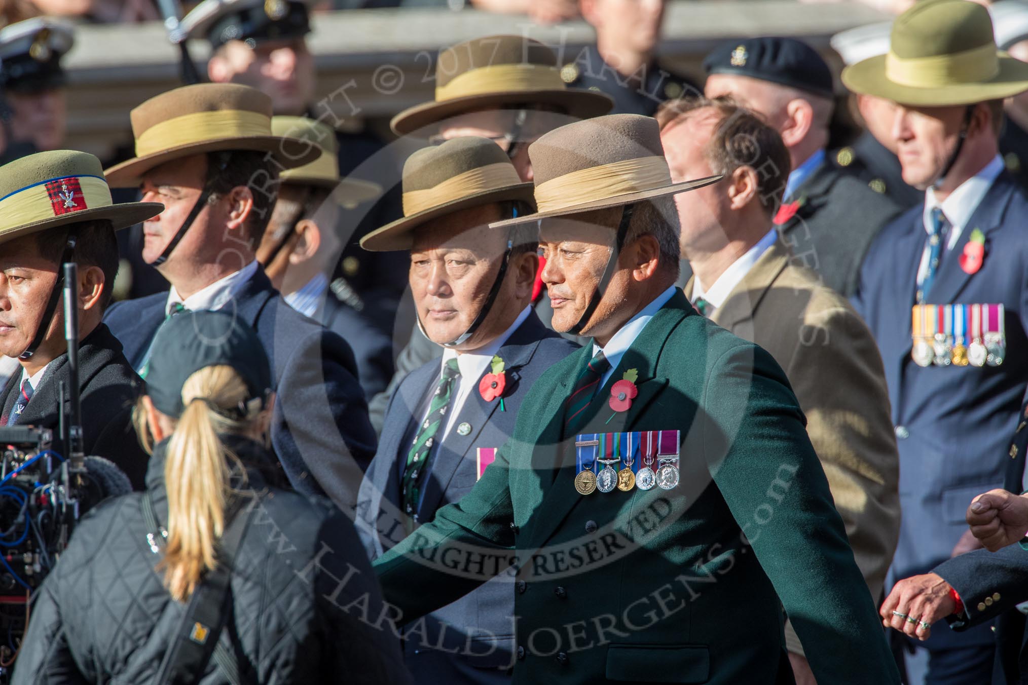 Gurkha Brigade Association (Group A25, 80 members) during the Royal British Legion March Past on Remembrance Sunday at the Cenotaph, Whitehall, Westminster, London, 11 November 2018, 12:00.