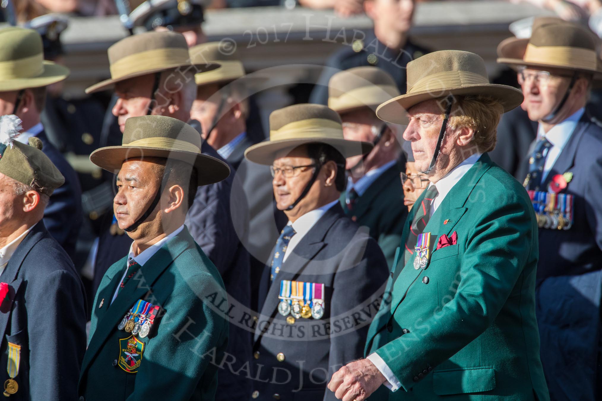 Gurkha Brigade Association (Group A25, 80 members) during the Royal British Legion March Past on Remembrance Sunday at the Cenotaph, Whitehall, Westminster, London, 11 November 2018, 12:00.