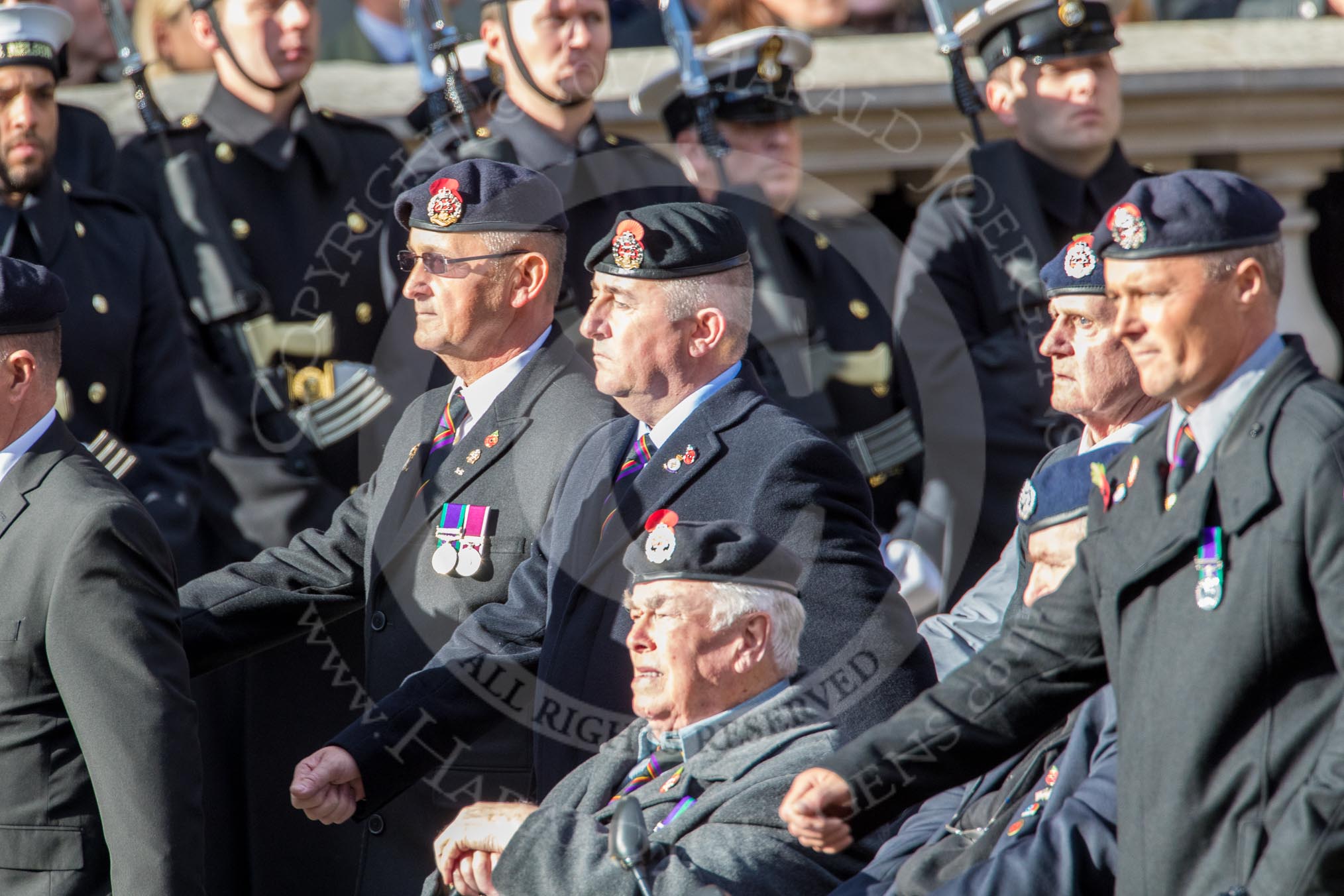 The Royal Hampshire Regimental Association (Group A27, 51 members) during the Royal British Legion March Past on Remembrance Sunday at the Cenotaph, Whitehall, Westminster, London, 11 November 2018, 12:01.