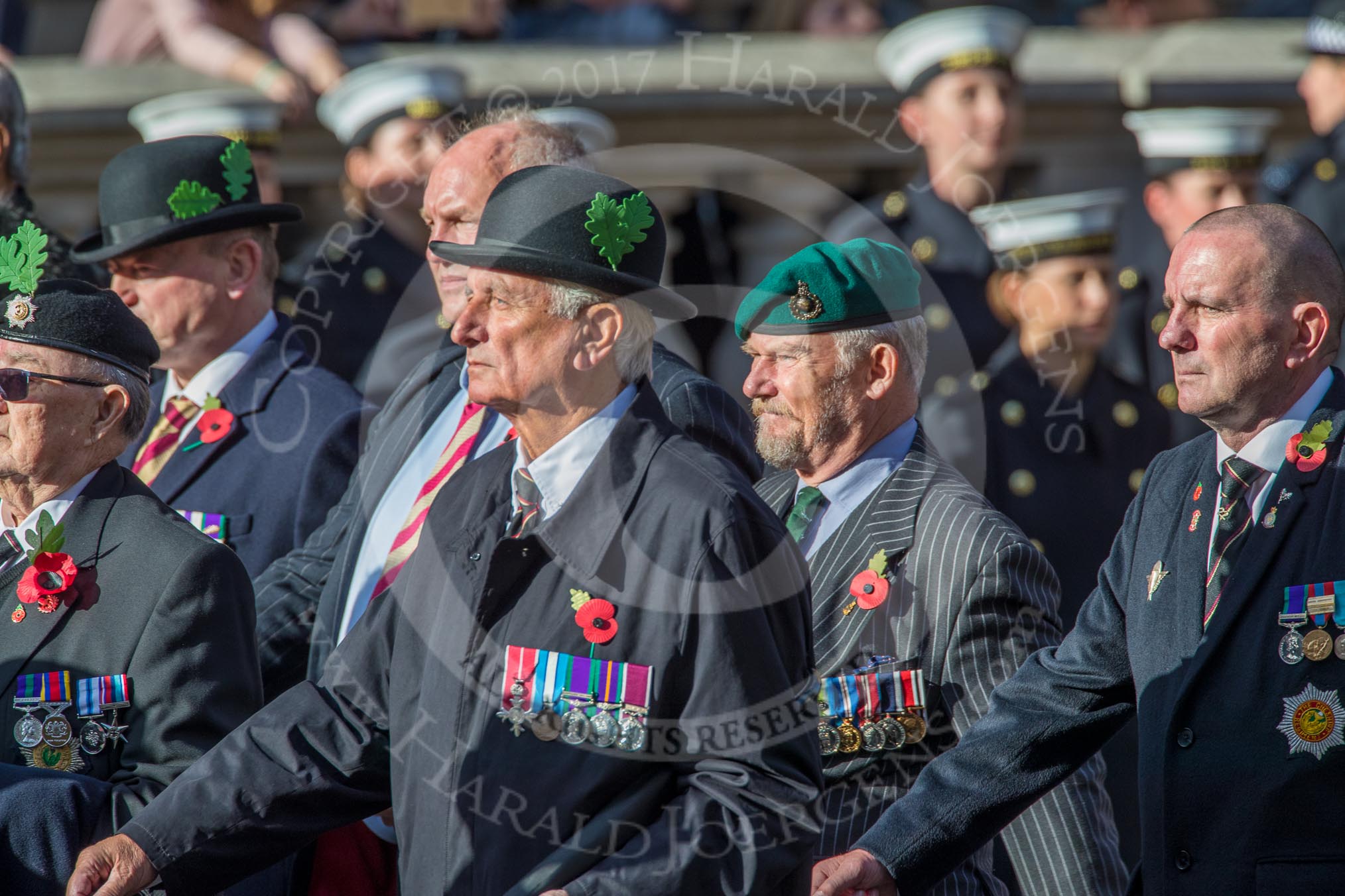 Cheshire Regiment Association (Group A30, 24 members) during the Royal British Legion March Past on Remembrance Sunday at the Cenotaph, Whitehall, Westminster, London, 11 November 2018, 12:01.