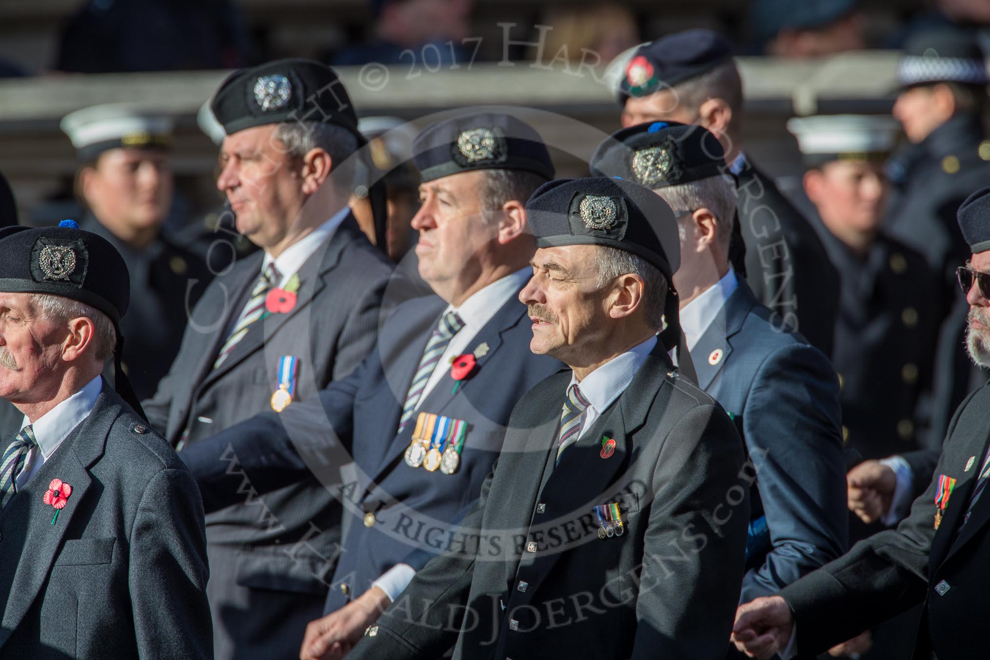 London Scottish Regimental Association (Group A31, 30 members) during the Royal British Legion March Past on Remembrance Sunday at the Cenotaph, Whitehall, Westminster, London, 11 November 2018, 12:02.