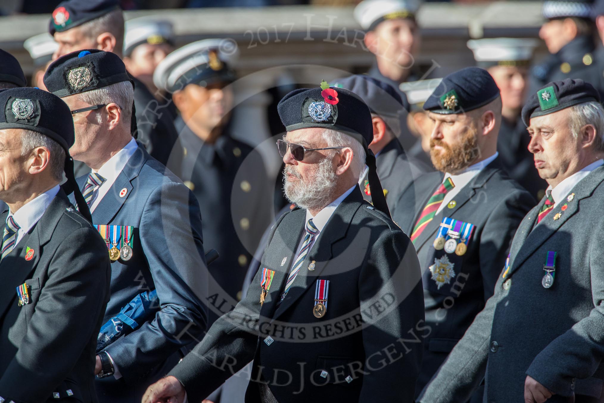 London Scottish Regimental Association (Group A31, 30 members) during the Royal British Legion March Past on Remembrance Sunday at the Cenotaph, Whitehall, Westminster, London, 11 November 2018, 12:02.