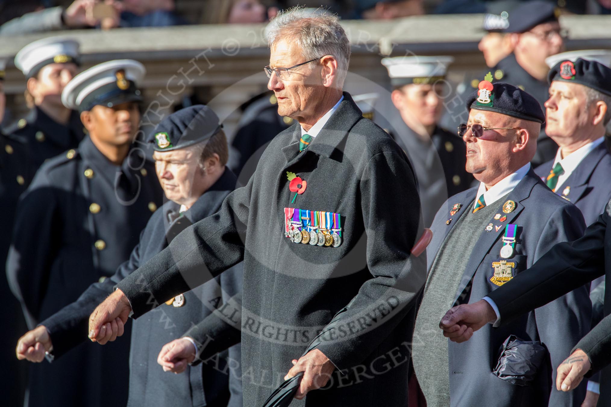 The Devonshire and Dorset Regimental Association (Group A33, 20 members) during the Royal British Legion March Past on Remembrance Sunday at the Cenotaph, Whitehall, Westminster, London, 11 November 2018, 12:02.