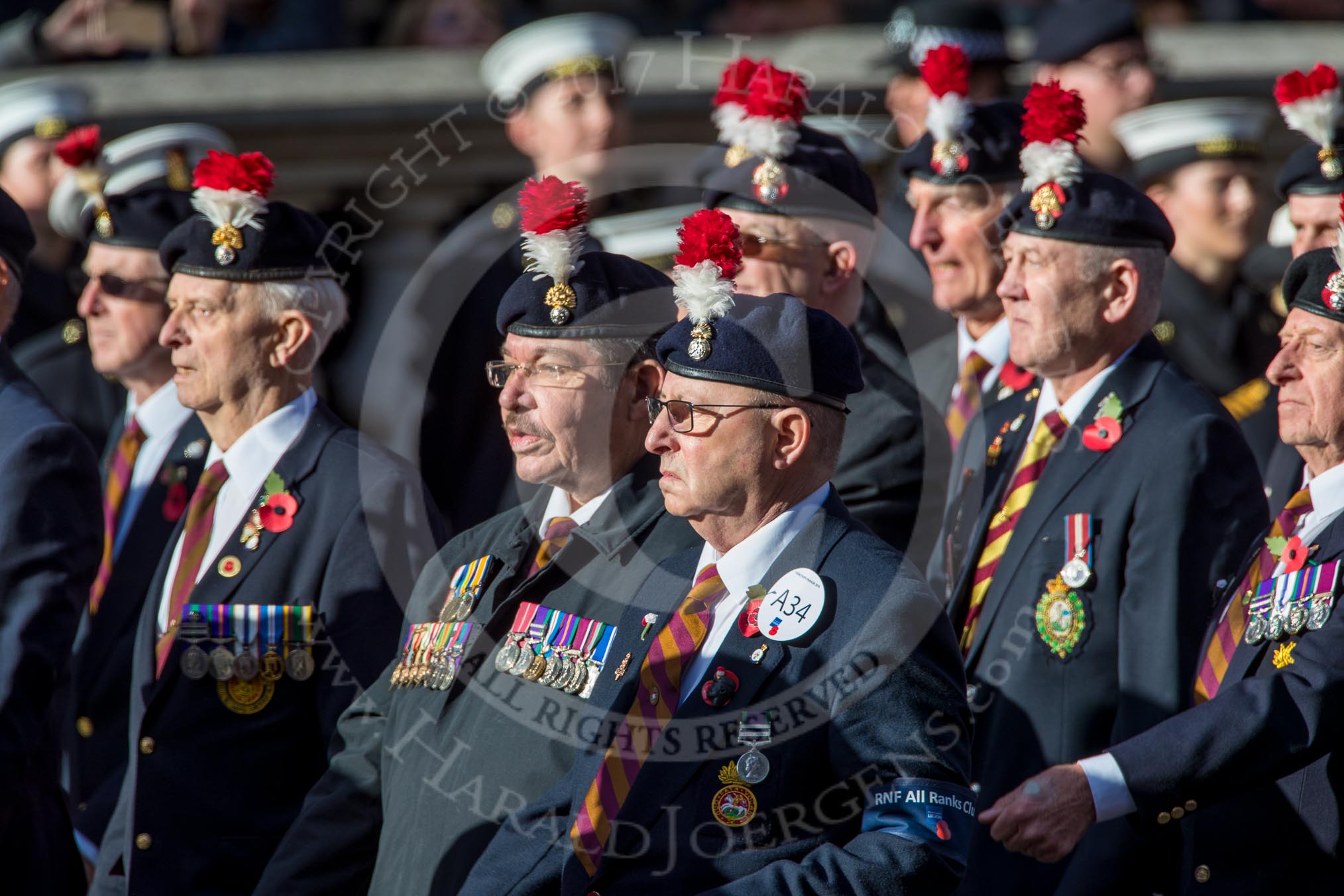 The Northumberland Fusiliers All Ranks Club (Group A34, 41 members) during the Royal British Legion March Past on Remembrance Sunday at the Cenotaph, Whitehall, Westminster, London, 11 November 2018, 12:02.