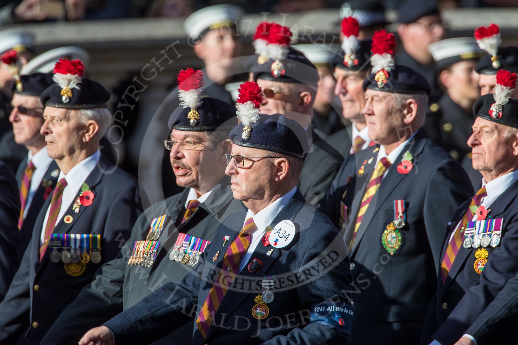 The Northumberland Fusiliers All Ranks Club (Group A34, 41 members) during the Royal British Legion March Past on Remembrance Sunday at the Cenotaph, Whitehall, Westminster, London, 11 November 2018, 12:02.