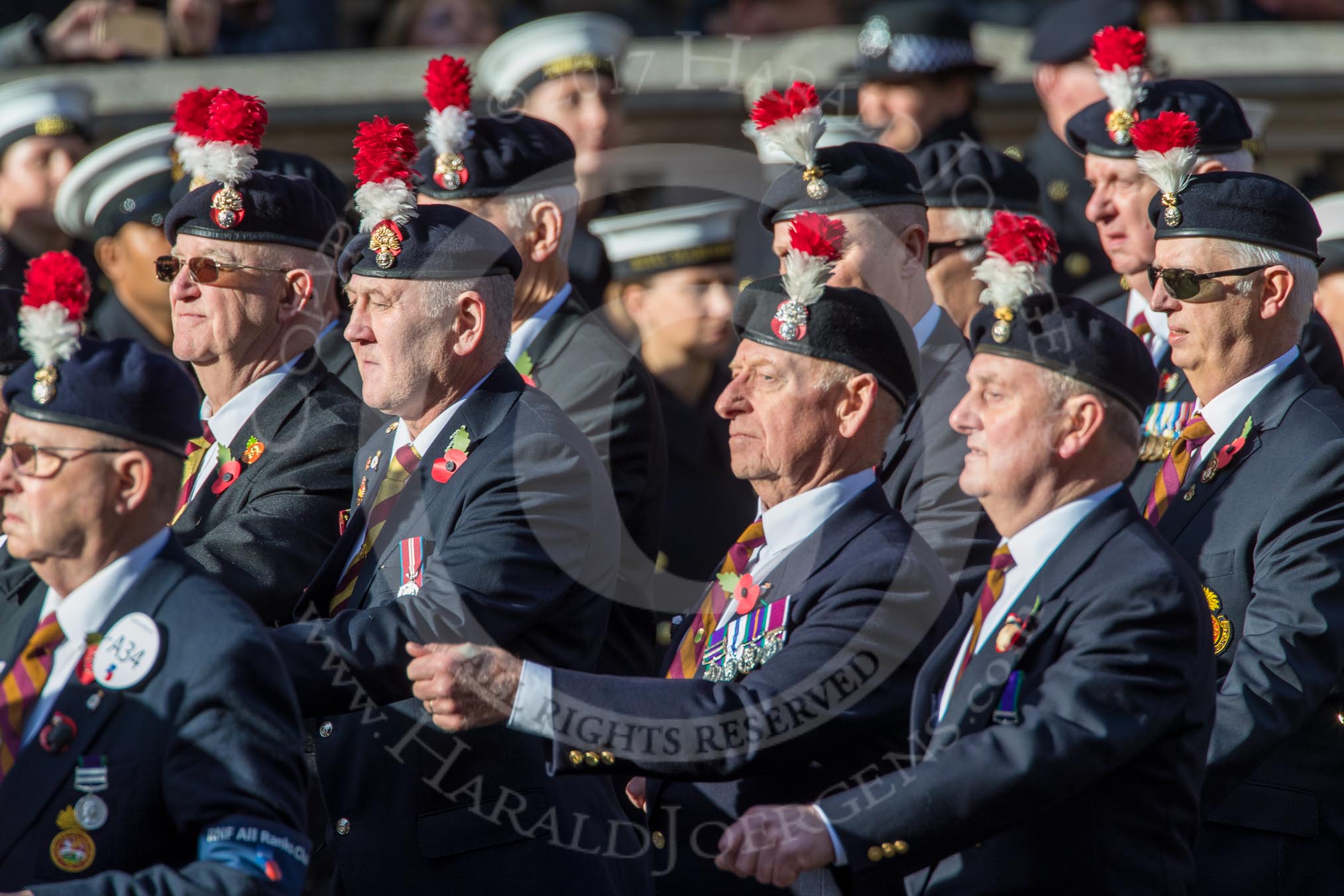 The Northumberland Fusiliers All Ranks Club (Group A34, 41 members) during the Royal British Legion March Past on Remembrance Sunday at the Cenotaph, Whitehall, Westminster, London, 11 November 2018, 12:02.
