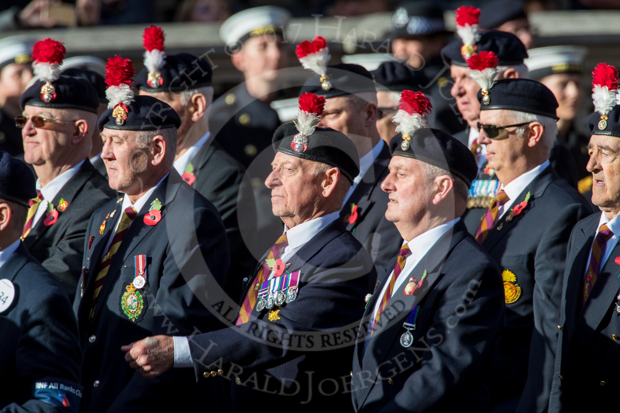 The Northumberland Fusiliers All Ranks Club (Group A34, 41 members) during the Royal British Legion March Past on Remembrance Sunday at the Cenotaph, Whitehall, Westminster, London, 11 November 2018, 12:02.