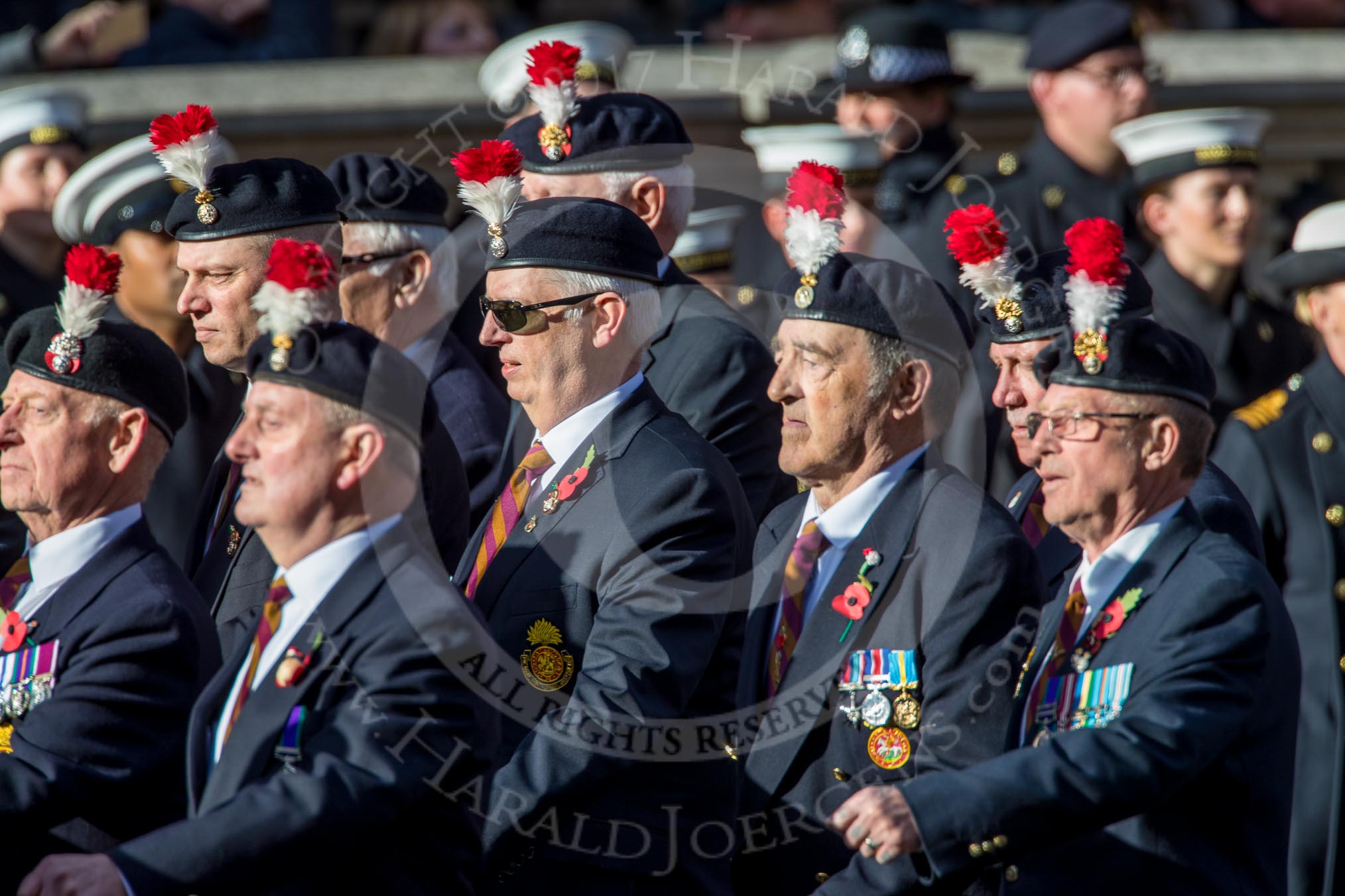The Northumberland Fusiliers All Ranks Club (Group A34, 41 members) during the Royal British Legion March Past on Remembrance Sunday at the Cenotaph, Whitehall, Westminster, London, 11 November 2018, 12:02.