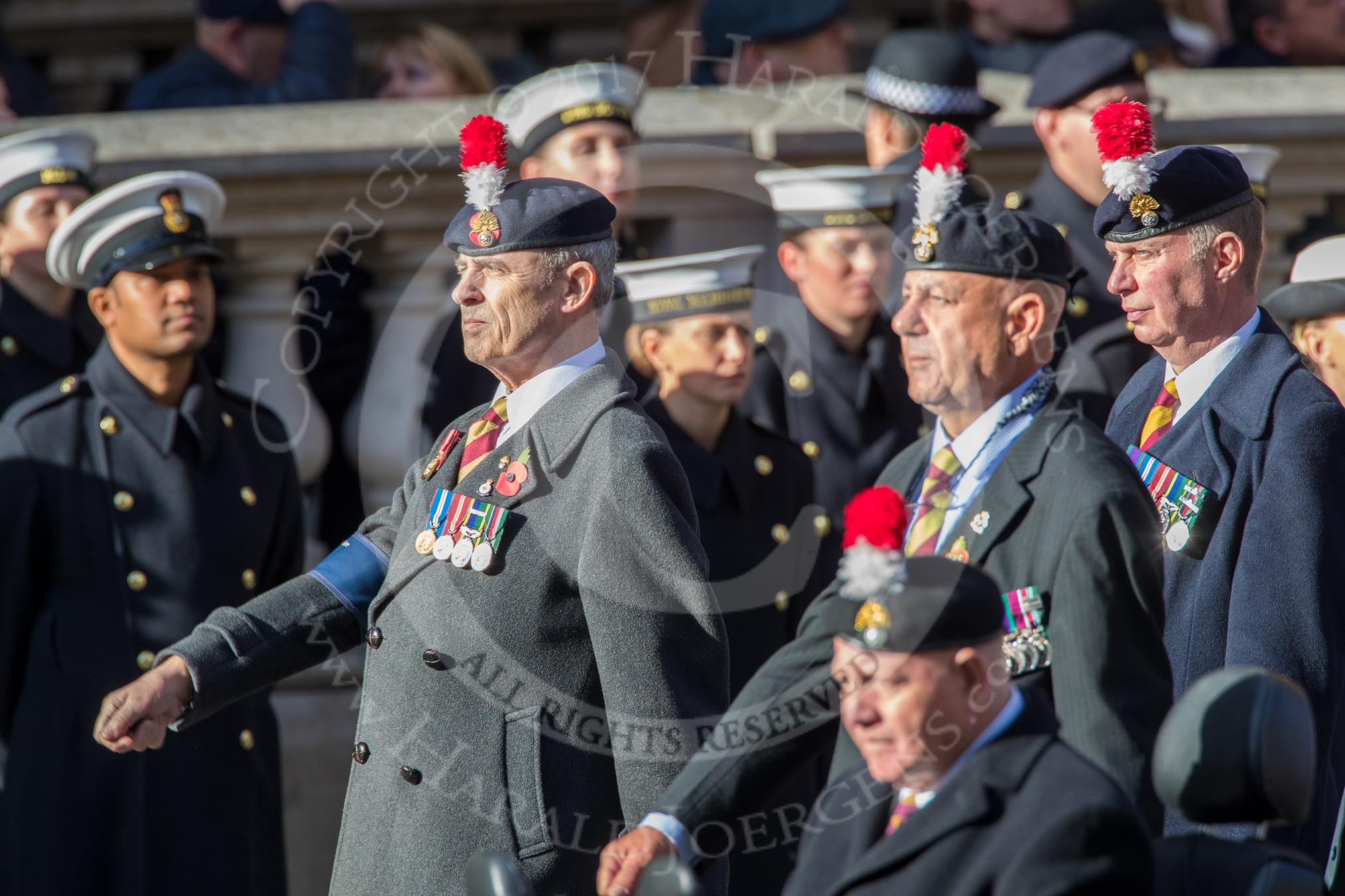 The Northumberland Fusiliers All Ranks Club (Group A34, 41 members) during the Royal British Legion March Past on Remembrance Sunday at the Cenotaph, Whitehall, Westminster, London, 11 November 2018, 12:02.