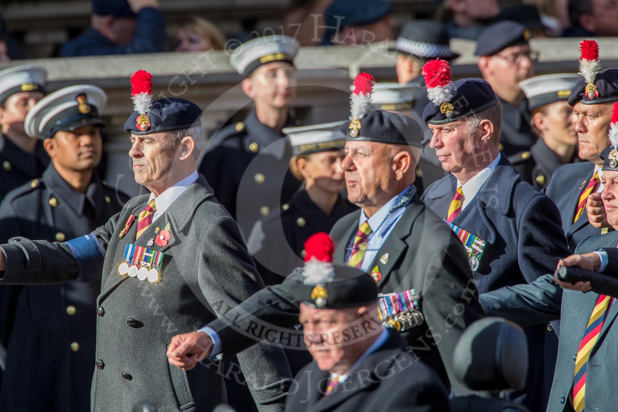 The Northumberland Fusiliers All Ranks Club (Group A34, 41 members) during the Royal British Legion March Past on Remembrance Sunday at the Cenotaph, Whitehall, Westminster, London, 11 November 2018, 12:02.