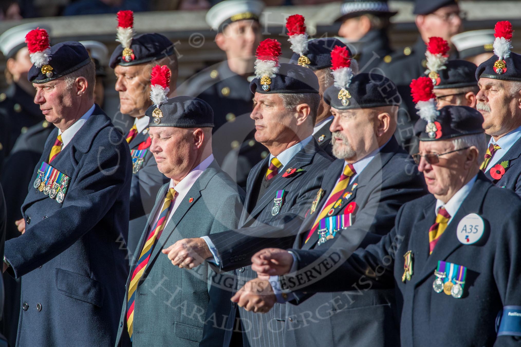 Fusiliers Association  Lancashire (Group A35, 34 members) Fusiliers Association  Lancashire (Group A35, 34 members) during the Royal British Legion March Past on Remembrance Sunday at the Cenotaph, Whitehall, Westminster, London, 11 November 2018, 12:02.