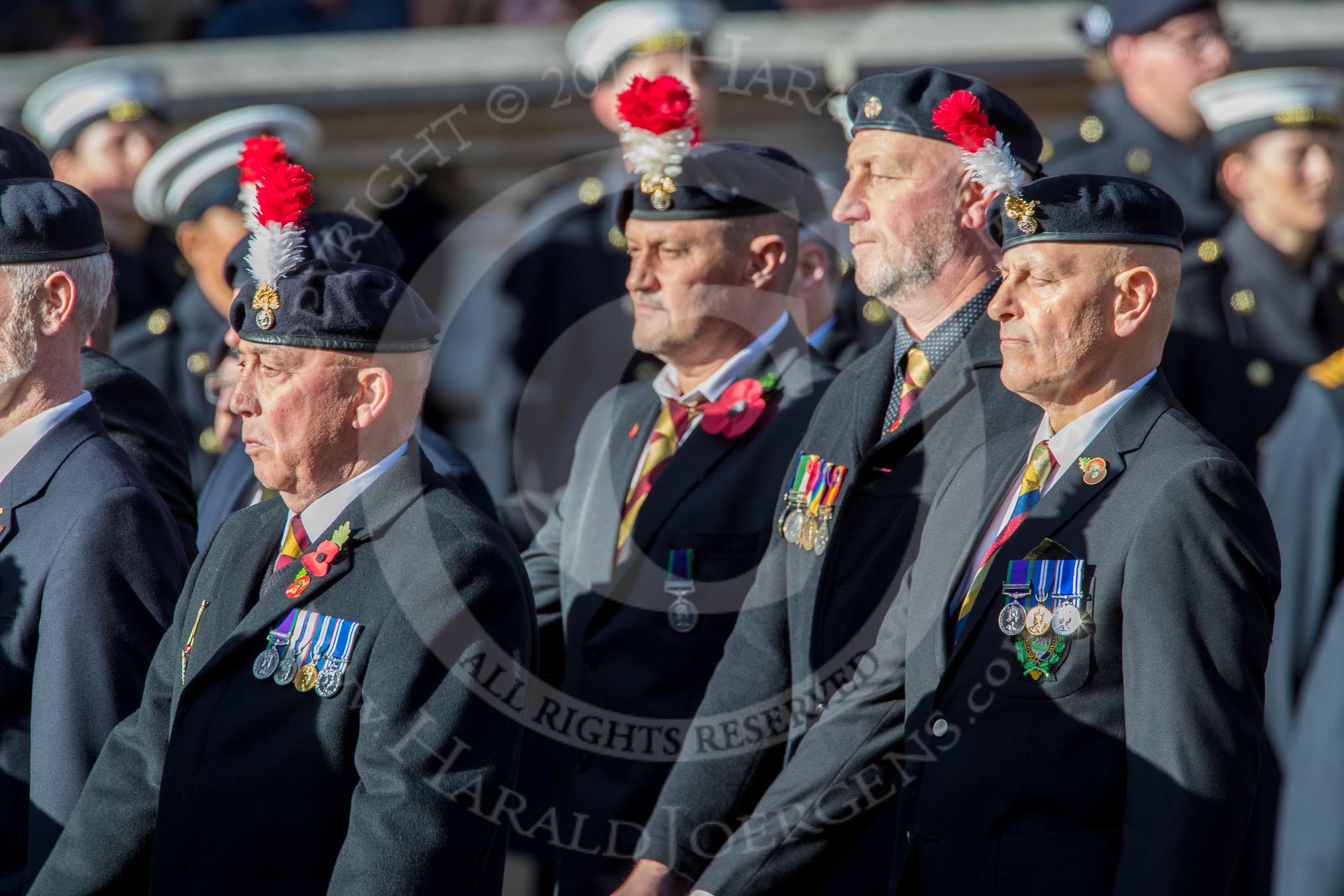 Fusiliers Association  Lancashire (Group A35, 34 members) during the Royal British Legion March Past on Remembrance Sunday at the Cenotaph, Whitehall, Westminster, London, 11 November 2018, 12:02.
