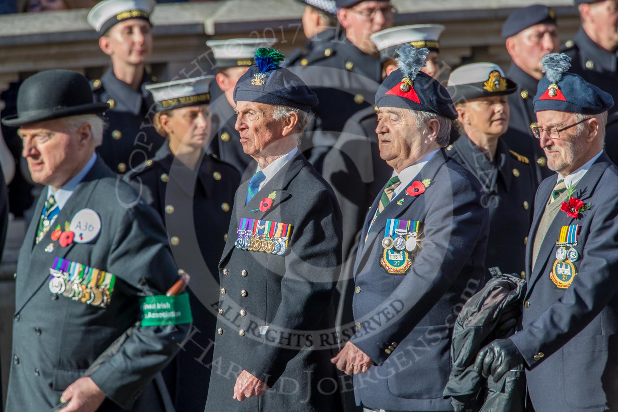 Combined Irish Regiments Association (Group A36, 34 members) during the Royal British Legion March Past on Remembrance Sunday at the Cenotaph, Whitehall, Westminster, London, 11 November 2018, 12:02.