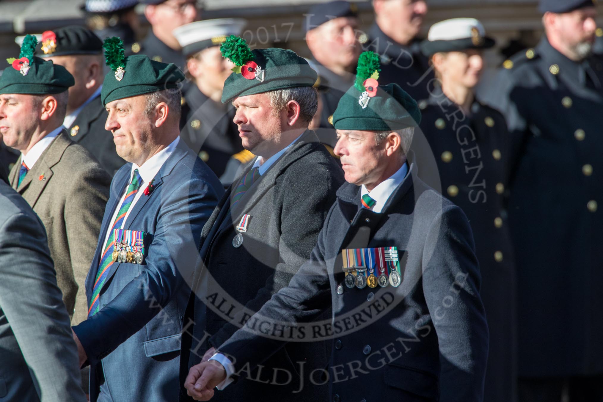 Regimental Association  of the Royal Irish Association (Group A37, 39 members) during the Royal British Legion March Past on Remembrance Sunday at the Cenotaph, Whitehall, Westminster, London, 11 November 2018, 12:03.