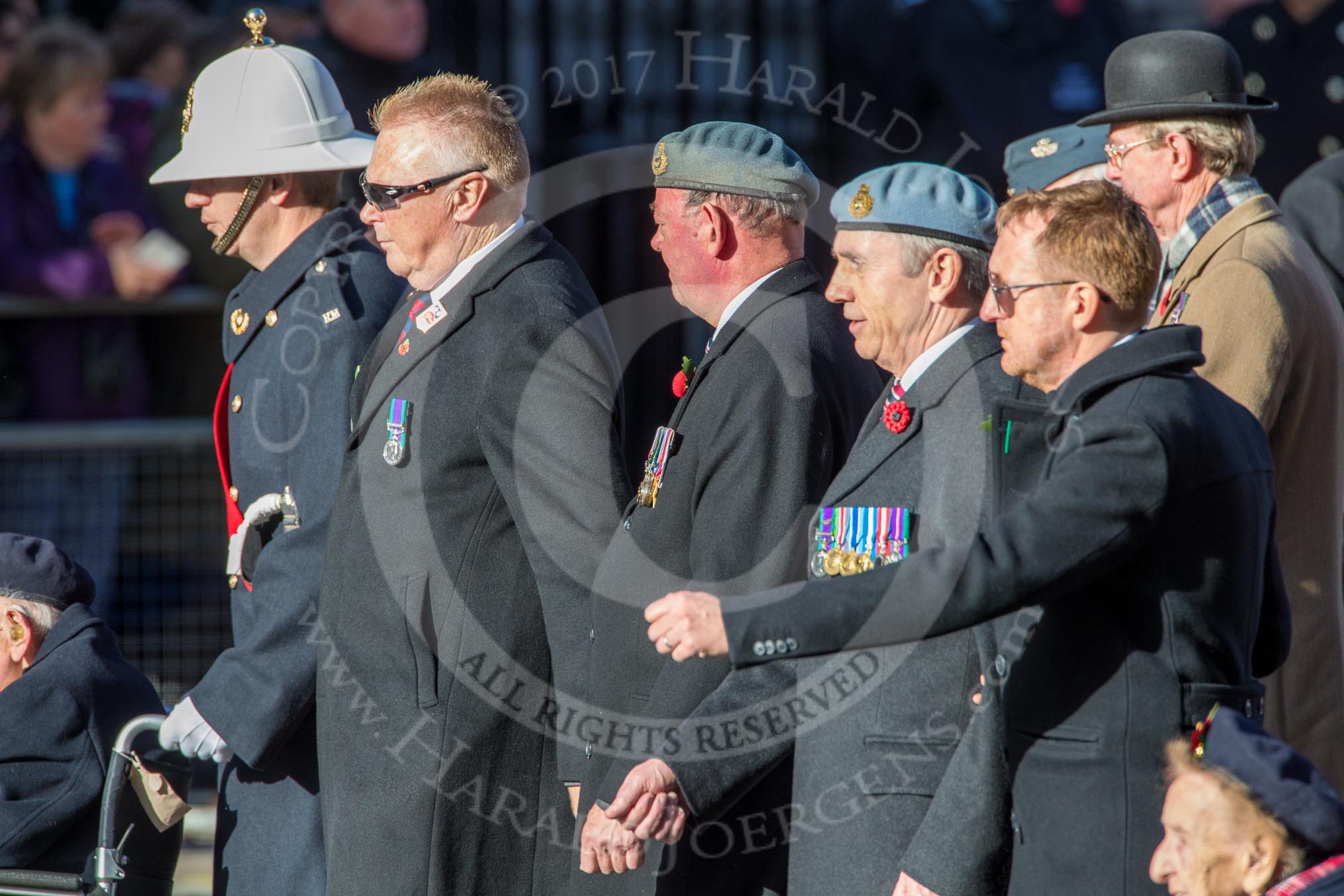 Blind Veterans UK (Group AA7, 215 members) during the Royal British Legion March Past on Remembrance Sunday at the Cenotaph, Whitehall, Westminster, London, 11 November 2018, 12:04.