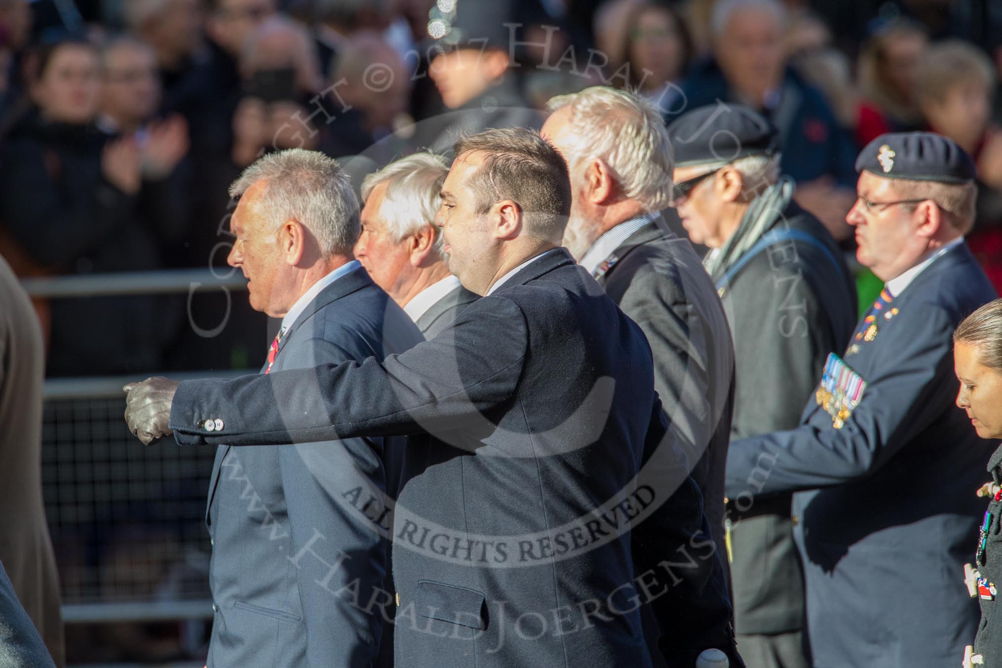 Blind Veterans UK (Group AA7, 215 members) during the Royal British Legion March Past on Remembrance Sunday at the Cenotaph, Whitehall, Westminster, London, 11 November 2018, 12:04.