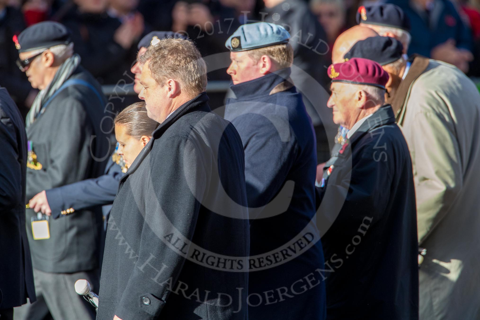 Blind Veterans UK (Group AA7, 215 members) during the Royal British Legion March Past on Remembrance Sunday at the Cenotaph, Whitehall, Westminster, London, 11 November 2018, 12:04.