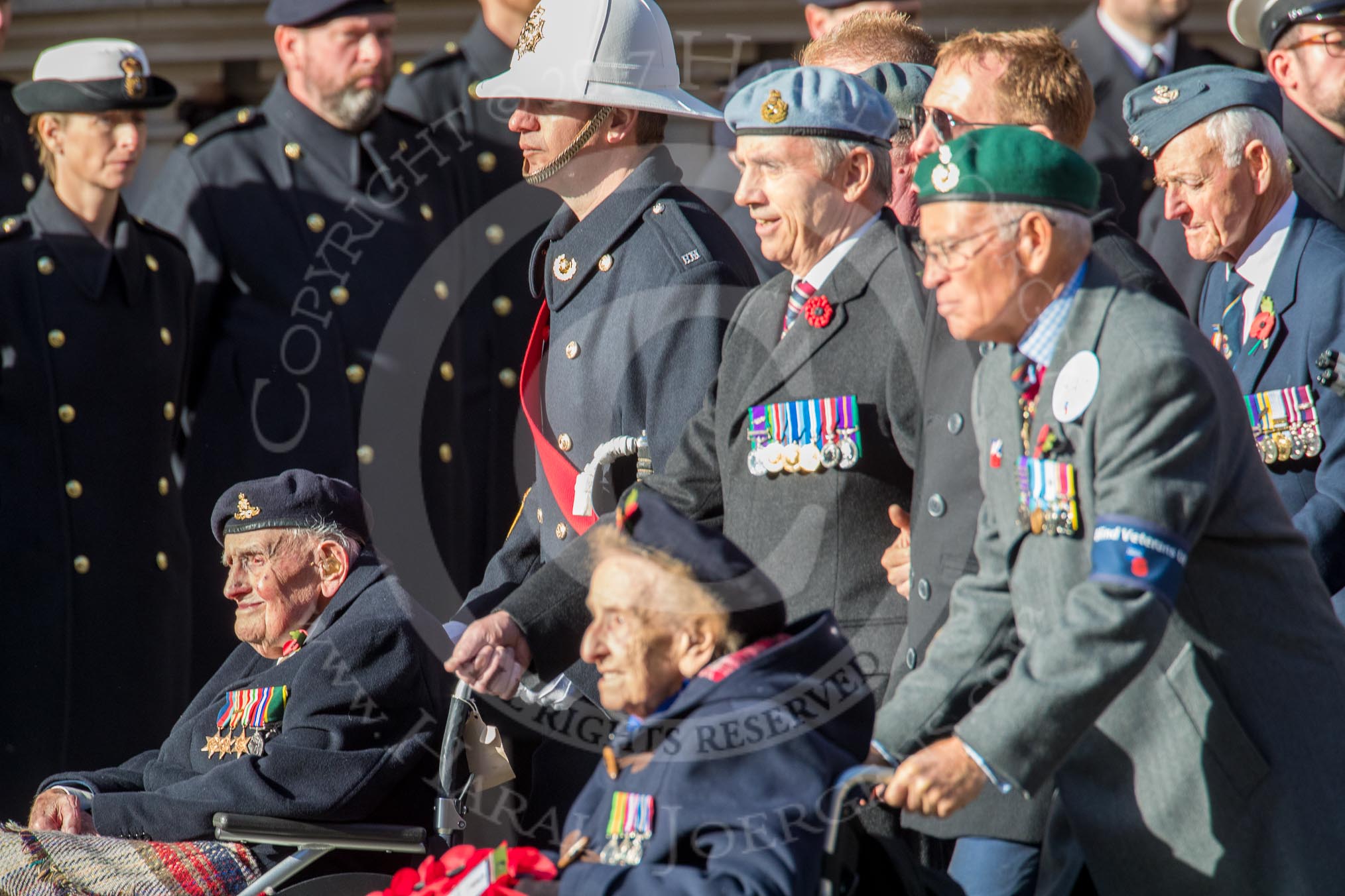 Blind Veterans UK (Group AA7, 215 members) during the Royal British Legion March Past on Remembrance Sunday at the Cenotaph, Whitehall, Westminster, London, 11 November 2018, 12:04.