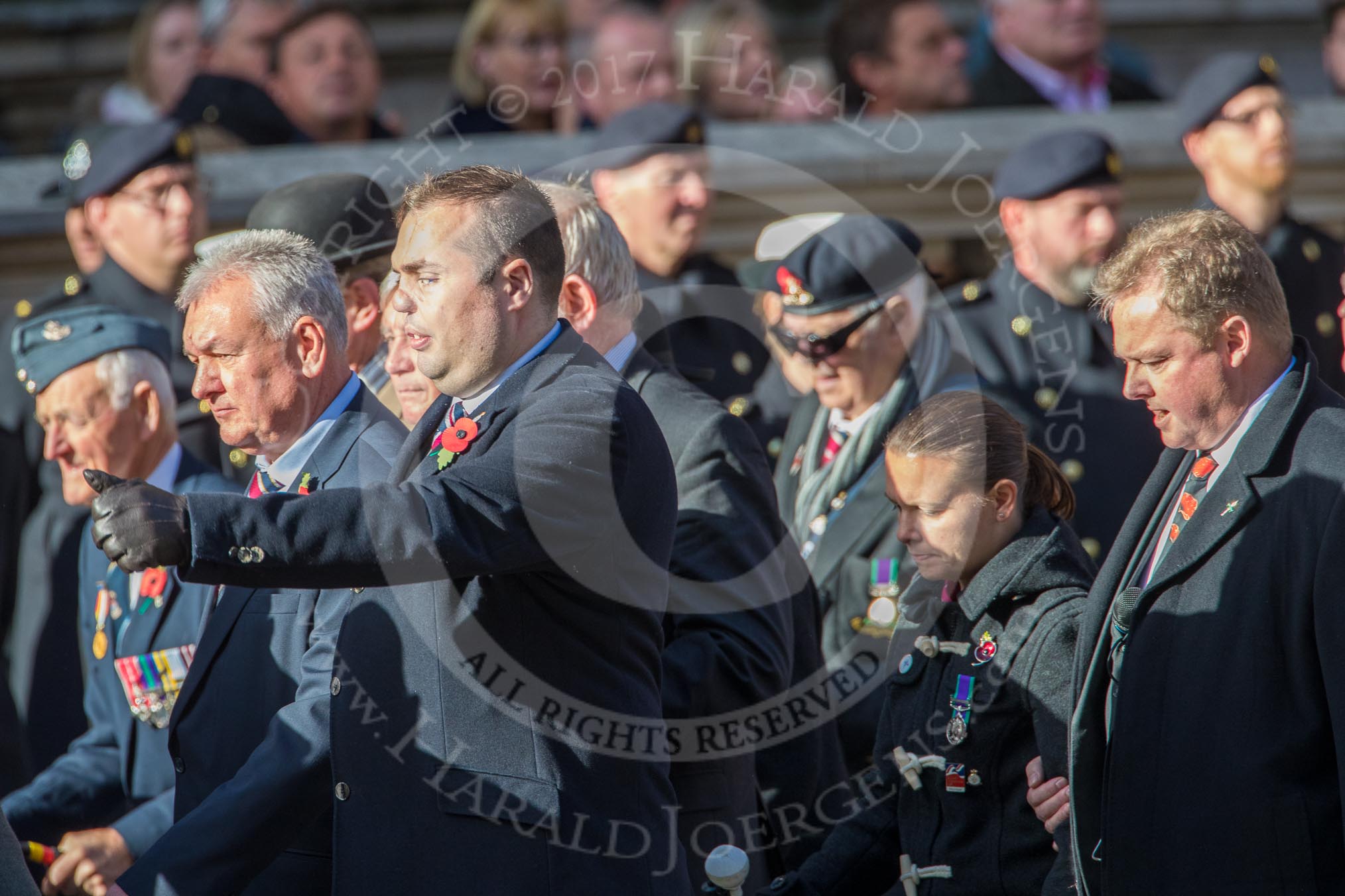 Blind Veterans UK (Group AA7, 215 members) during the Royal British Legion March Past on Remembrance Sunday at the Cenotaph, Whitehall, Westminster, London, 11 November 2018, 12:04.