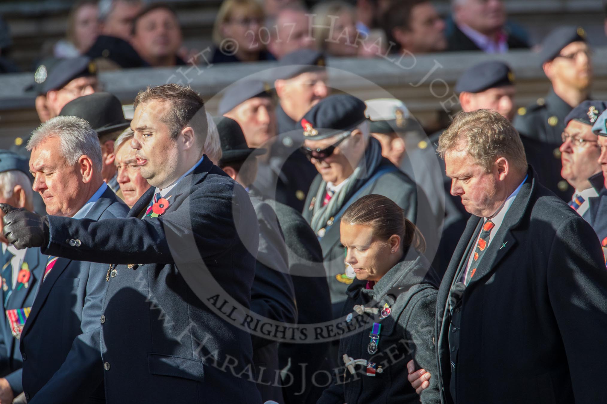 Blind Veterans UK (Group AA7, 215 members) during the Royal British Legion March Past on Remembrance Sunday at the Cenotaph, Whitehall, Westminster, London, 11 November 2018, 12:04.