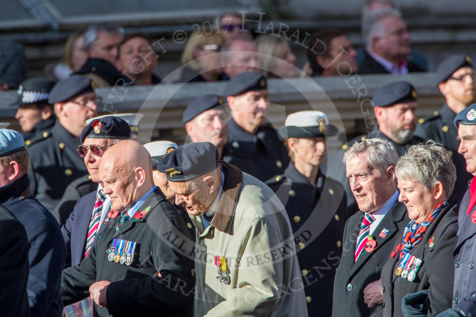 Blind Veterans UK (Group AA7, 215 members) during the Royal British Legion March Past on Remembrance Sunday at the Cenotaph, Whitehall, Westminster, London, 11 November 2018, 12:04.