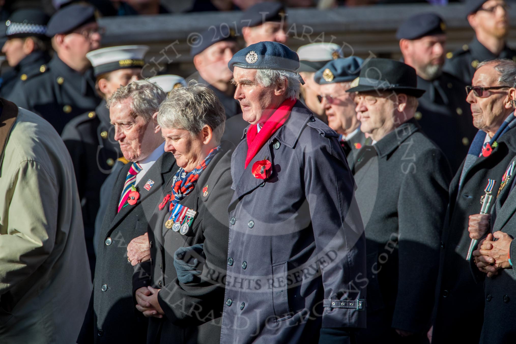 Blind Veterans UK (Group AA7, 215 members) during the Royal British Legion March Past on Remembrance Sunday at the Cenotaph, Whitehall, Westminster, London, 11 November 2018, 12:04.