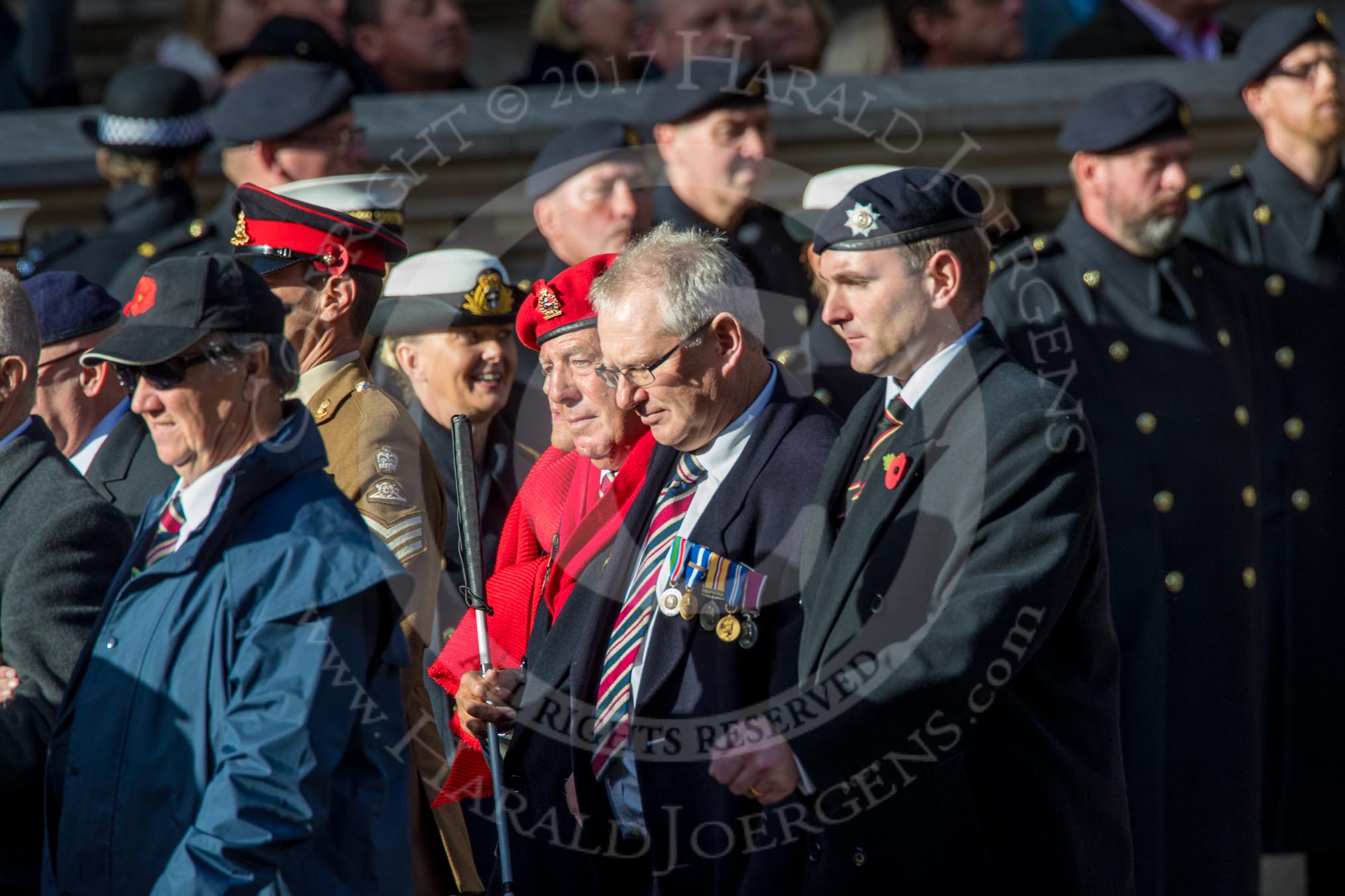 Blind Veterans UK (Group AA7, 215 members) during the Royal British Legion March Past on Remembrance Sunday at the Cenotaph, Whitehall, Westminster, London, 11 November 2018, 12:04.