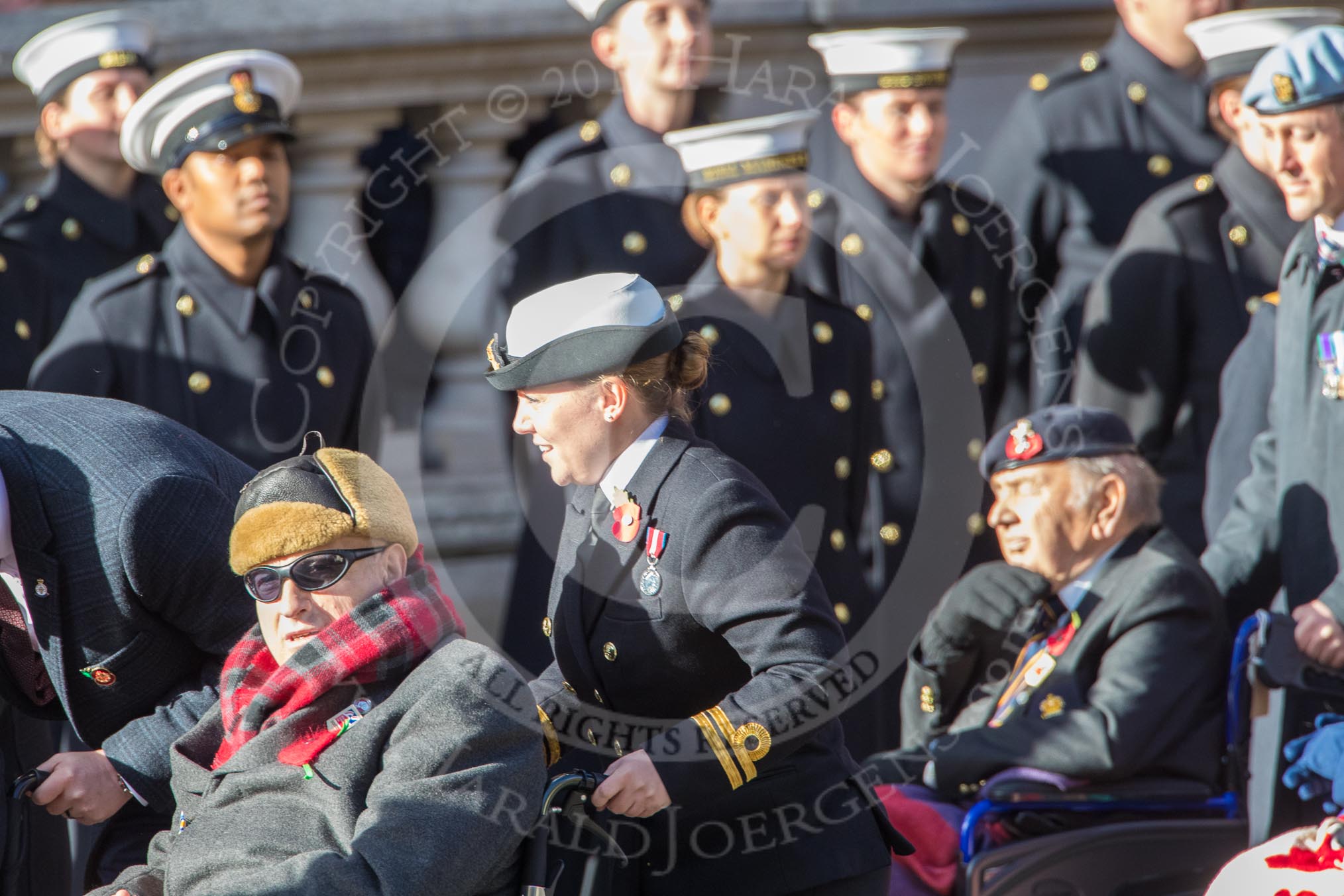 Blind Veterans UK (Group AA7, 215 members) during the Royal British Legion March Past on Remembrance Sunday at the Cenotaph, Whitehall, Westminster, London, 11 November 2018, 12:05.