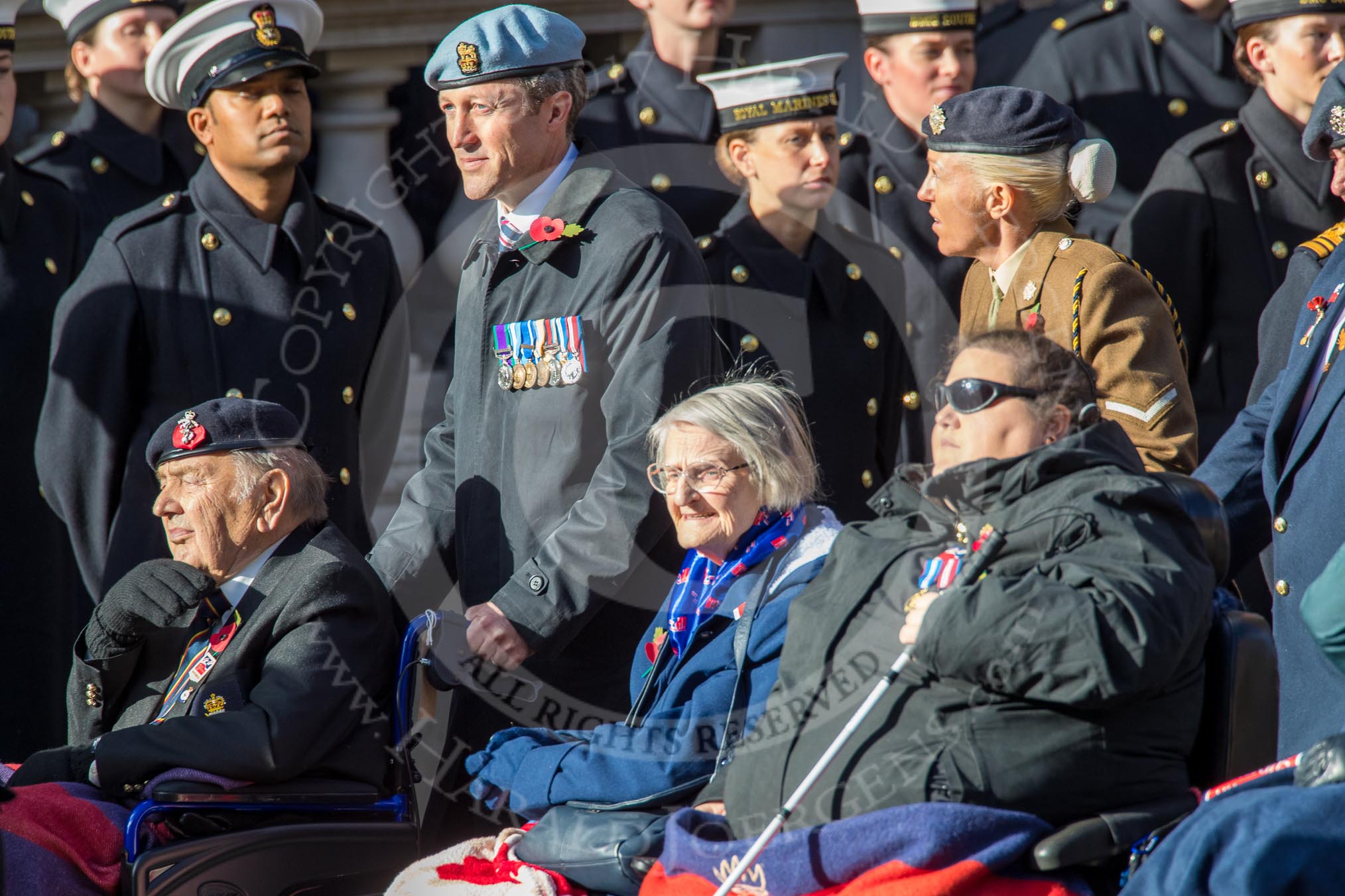 Blind Veterans UK (Group AA7, 215 members) during the Royal British Legion March Past on Remembrance Sunday at the Cenotaph, Whitehall, Westminster, London, 11 November 2018, 12:05.